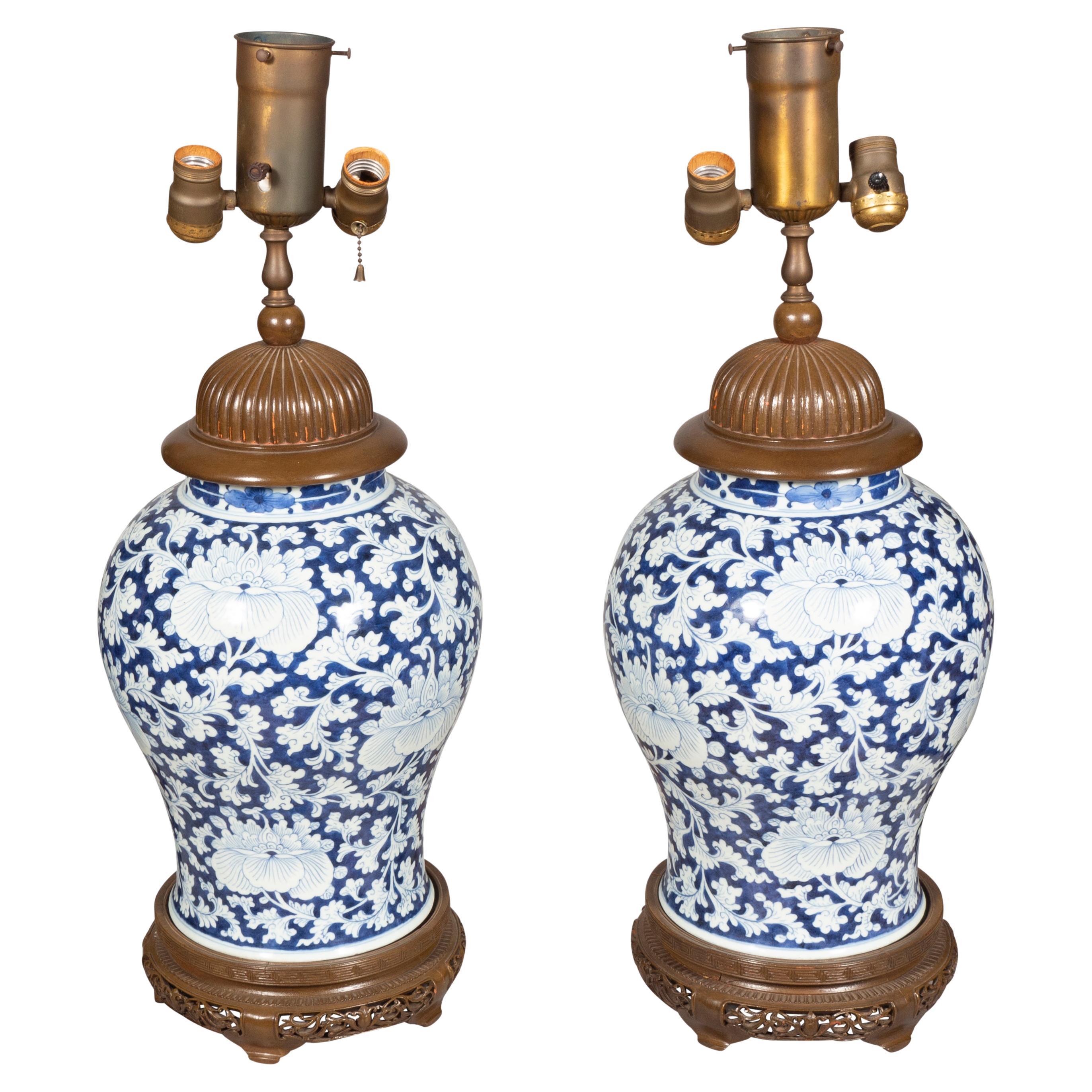 Pair Of Chinese Blue And White Porcelain Table Lamps For Sale