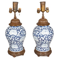 Used Pair Of Chinese Blue And White Porcelain Table Lamps