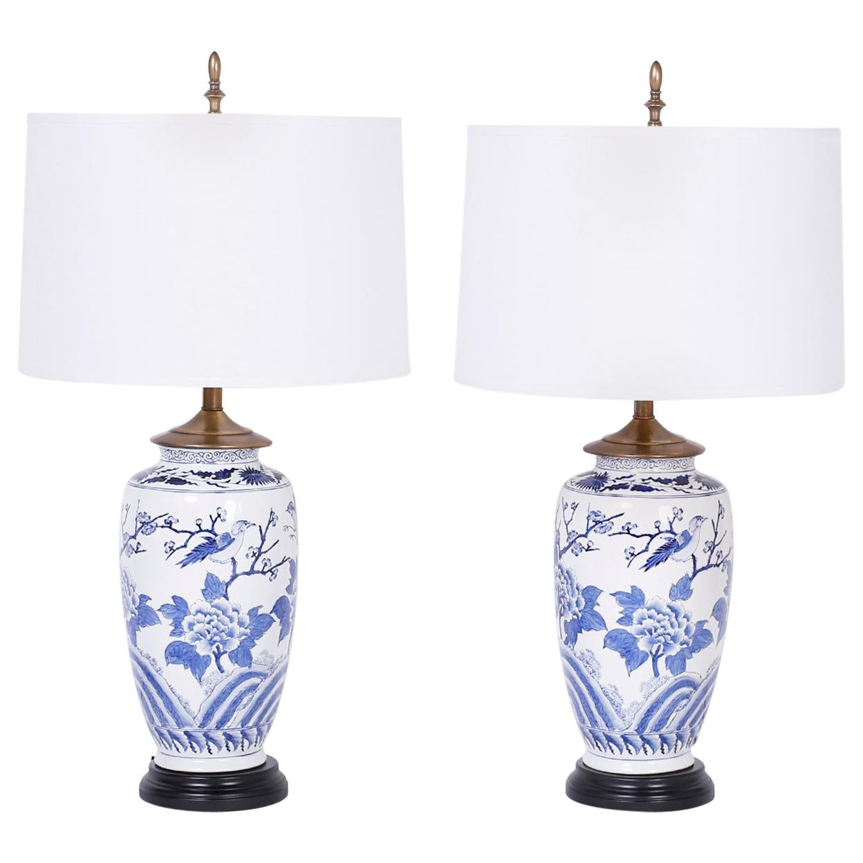 Pair of Chinese Blue and White Porcelain Table Lamps with Flowers and Birds 