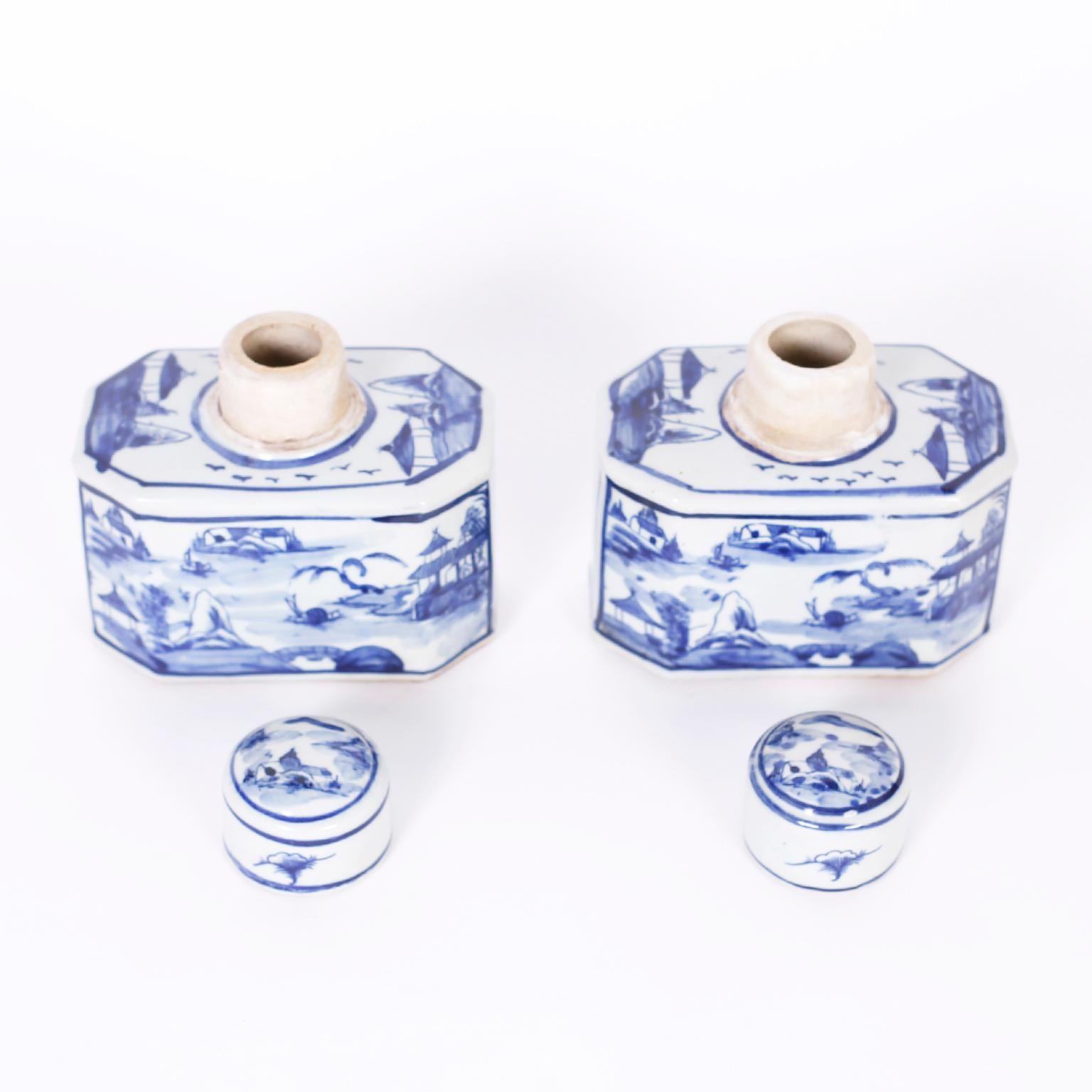 Chinoiserie Pair of Chinese Blue and White Porcelain Tea Caddies with Landscapes