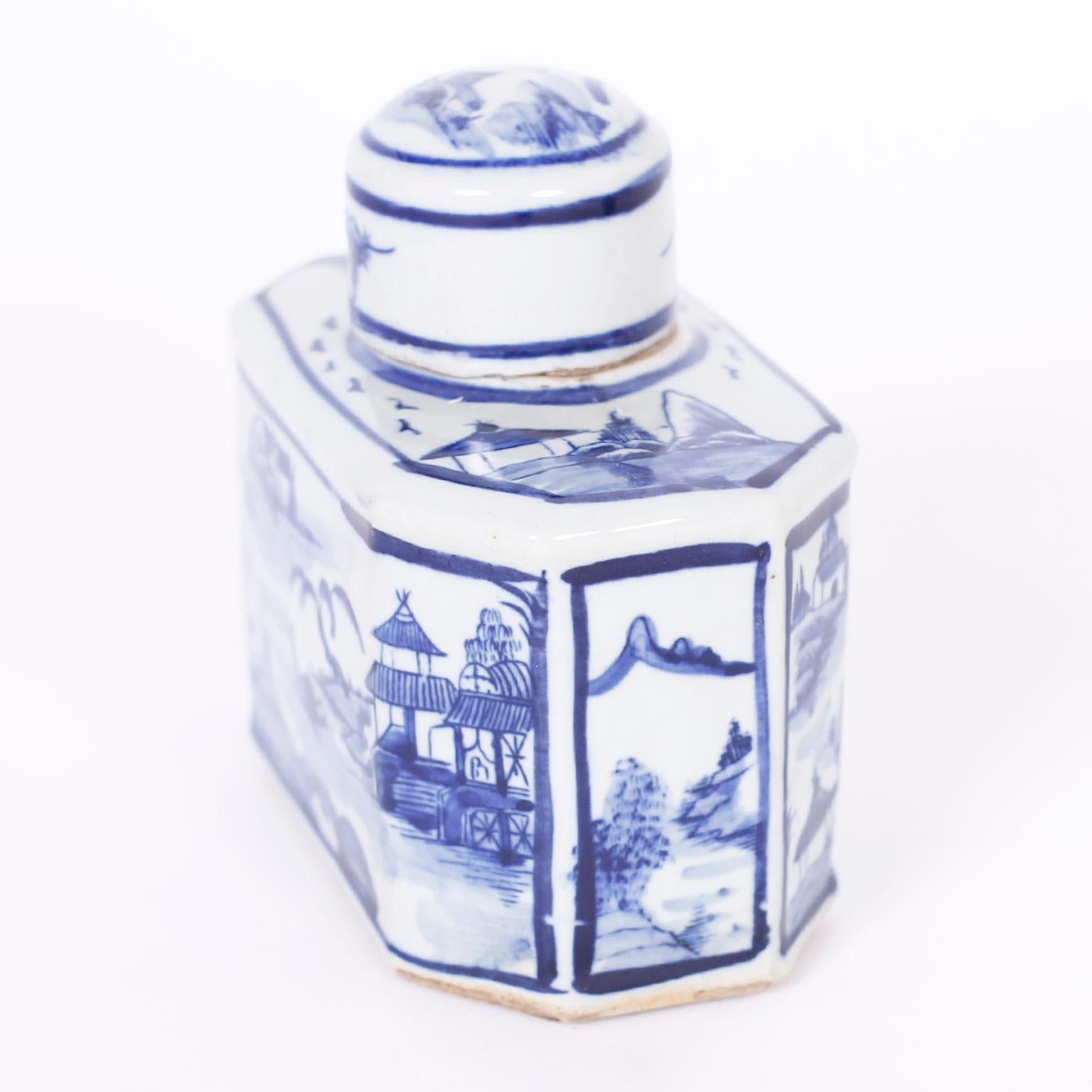 Contemporary Pair of Chinese Blue and White Porcelain Tea Caddies with Landscapes