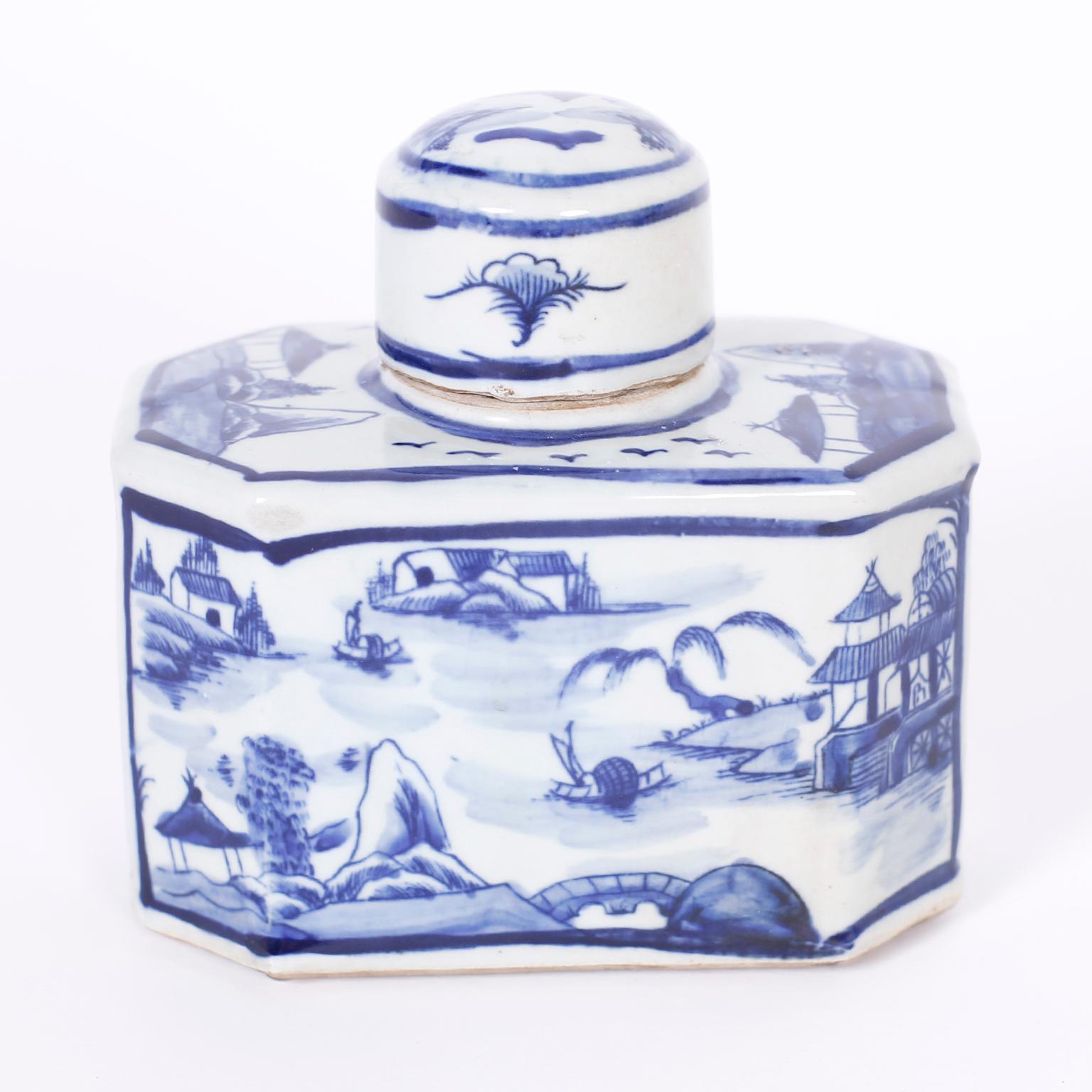 Pair of Chinese Blue and White Porcelain Tea Caddies with Landscapes 1