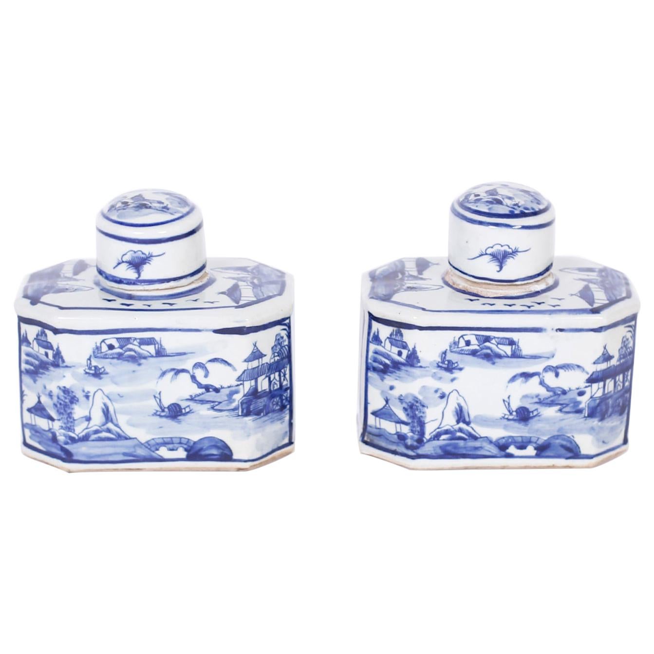 Pair of Chinese Blue and White Porcelain Tea Caddies with Landscapes