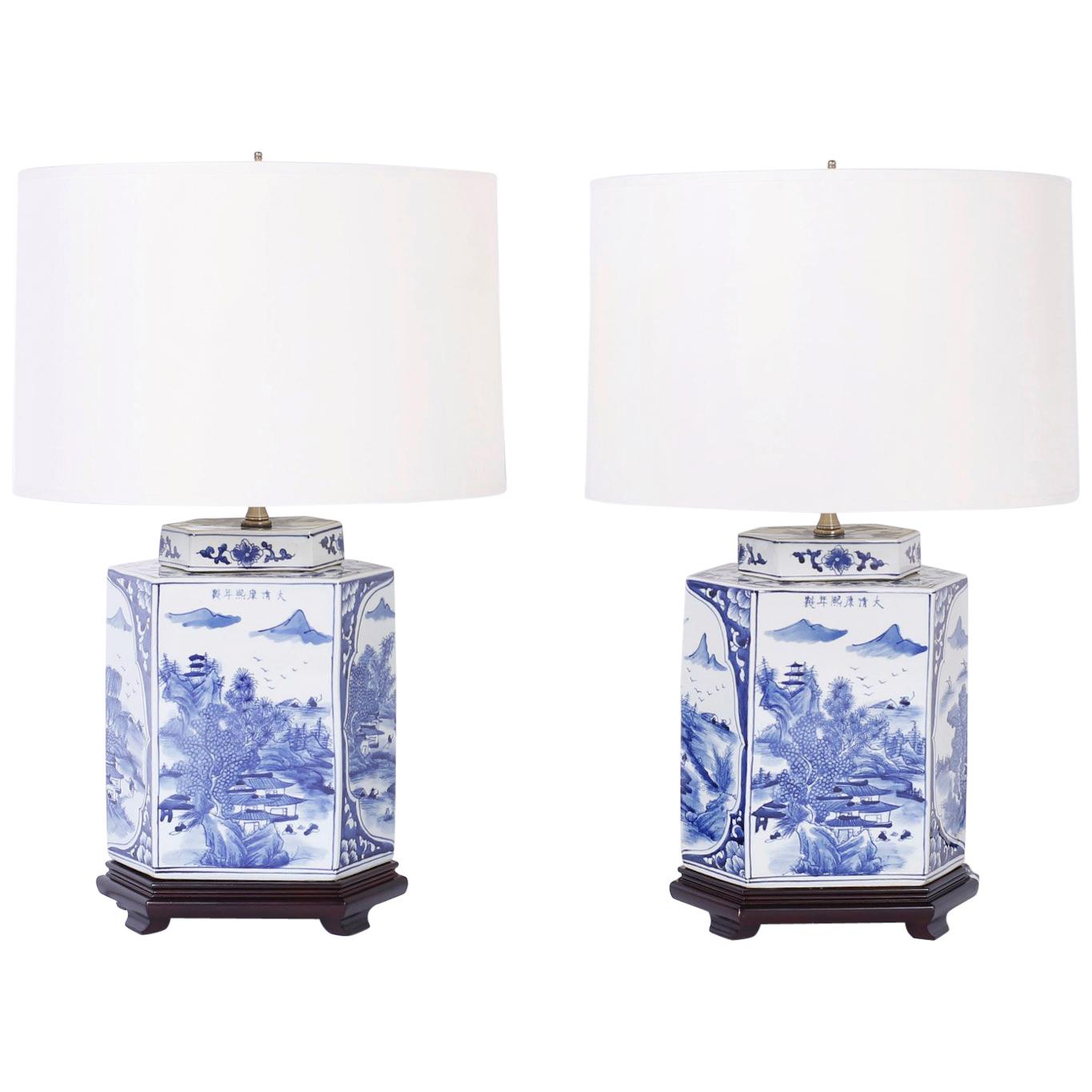 Pair of Chinese Blue and White Porcelain Tea Caddy Table Lamps