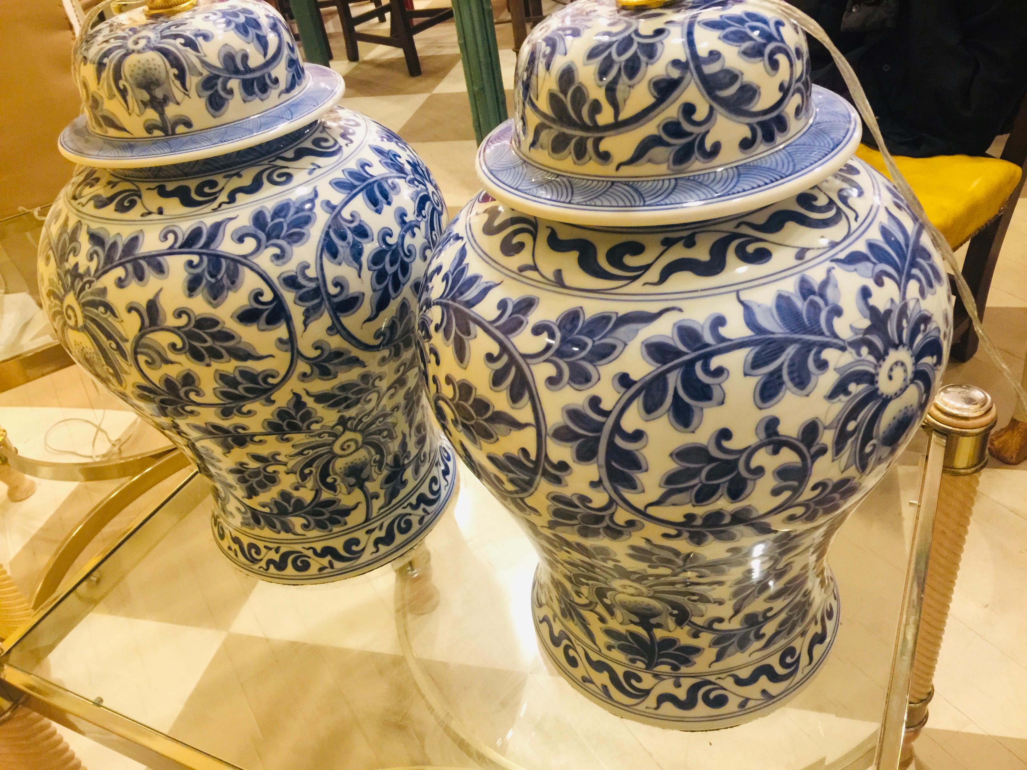Chinese Export Pair of Chinese Blue and White Porcelain Temple Jar Lamps