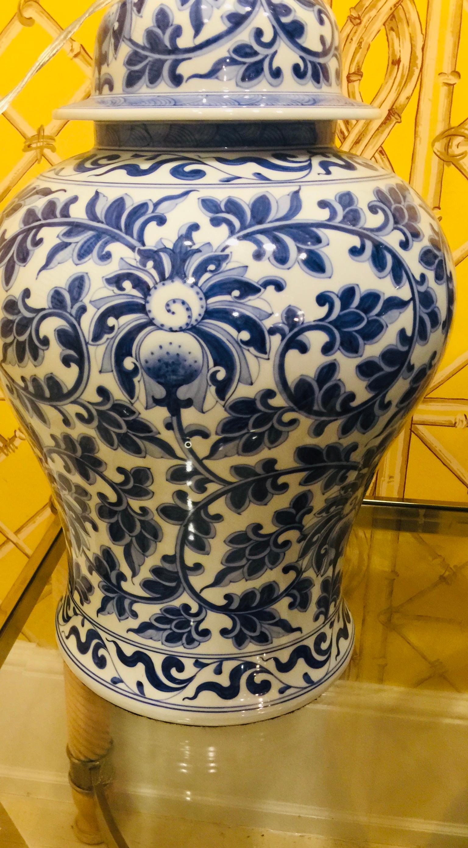 Pair of Chinese Blue and White Porcelain Temple Jar Lamps In Excellent Condition In Southampton, NY