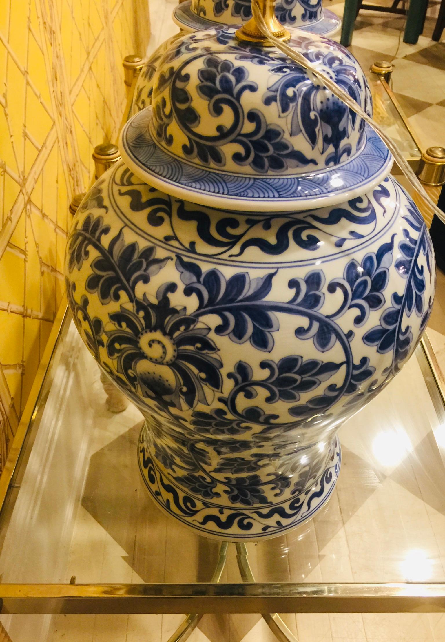 Late 20th Century Pair of Chinese Blue and White Porcelain Temple Jar Lamps