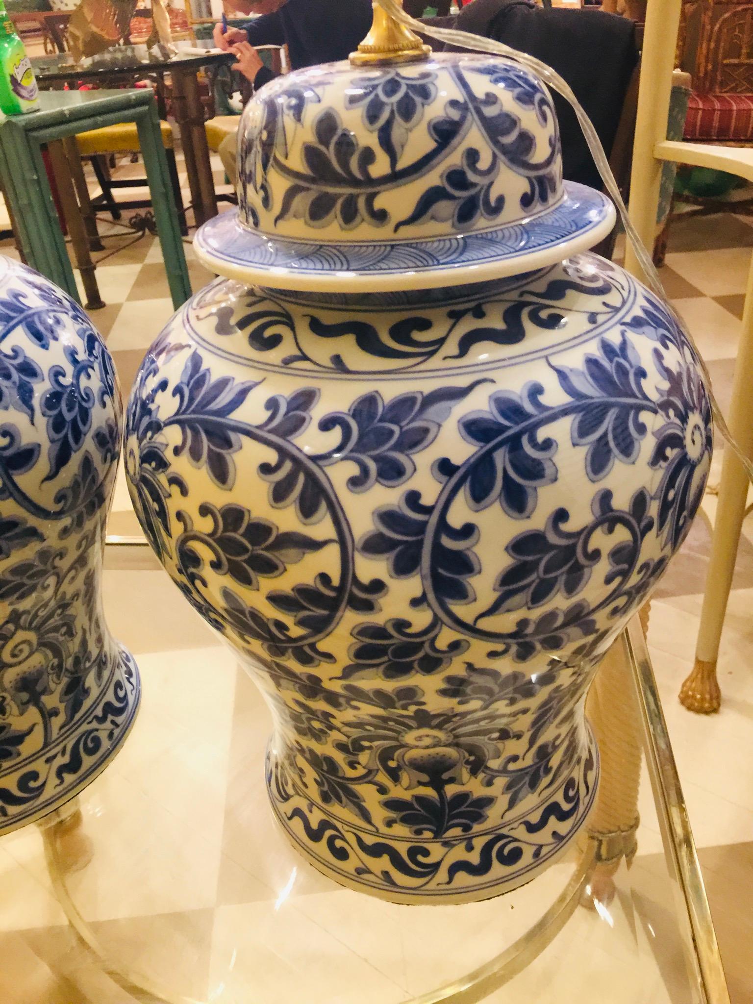 Pair of Chinese Blue and White Porcelain Temple Jar Lamps 1