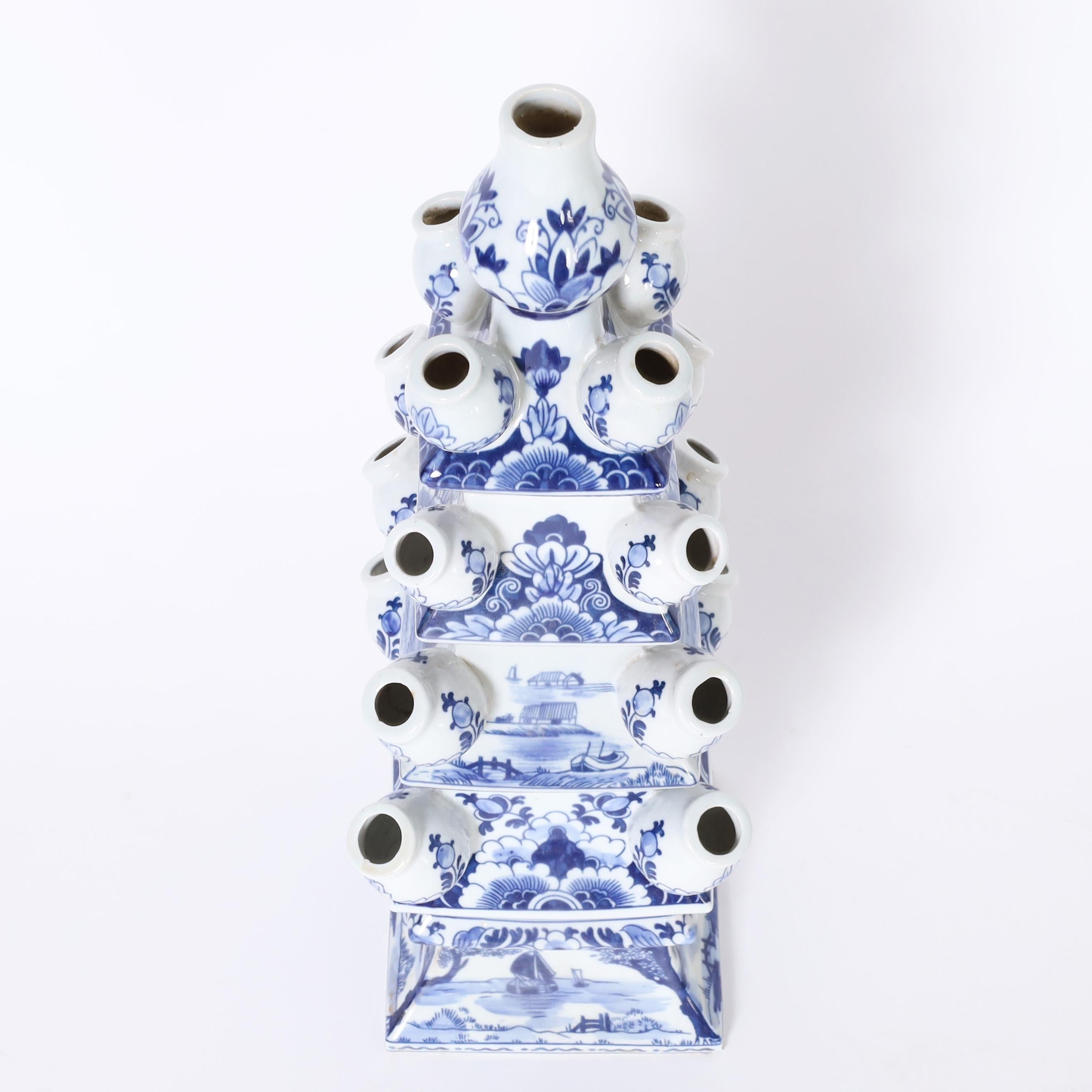 Chinese Export Pair of Chinese Blue and White Porcelain Tulipiere Towers For Sale