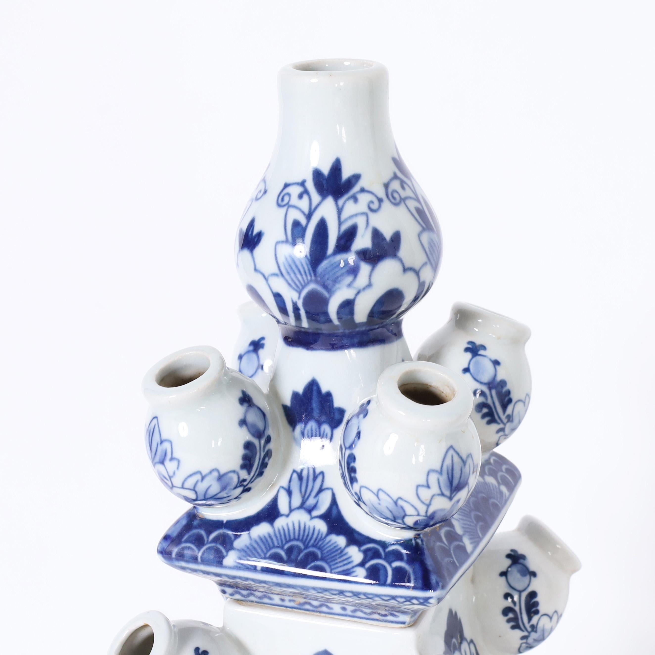 Glazed Pair of Chinese Blue and White Porcelain Tulipiere Towers For Sale
