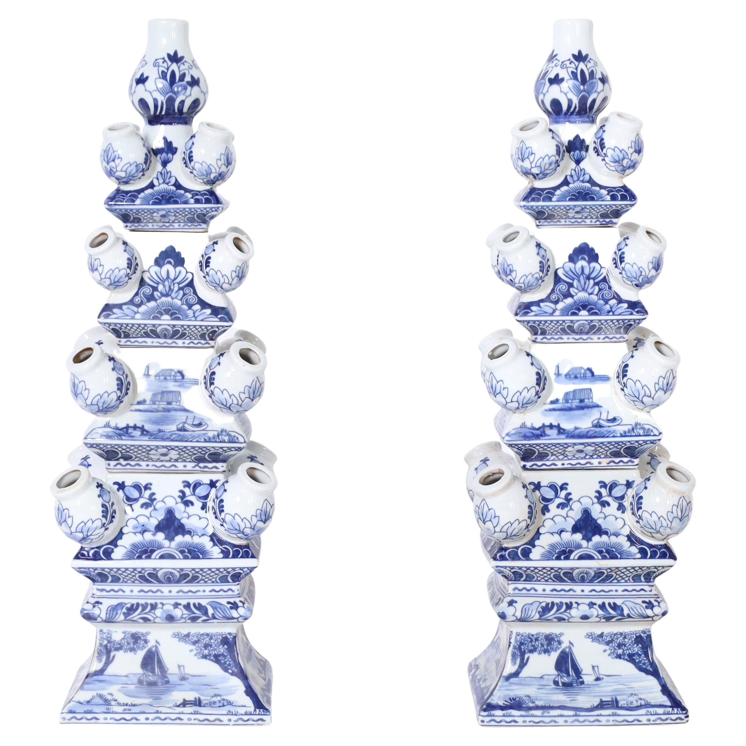 Pair of Chinese Blue and White Porcelain Tulipiere Towers