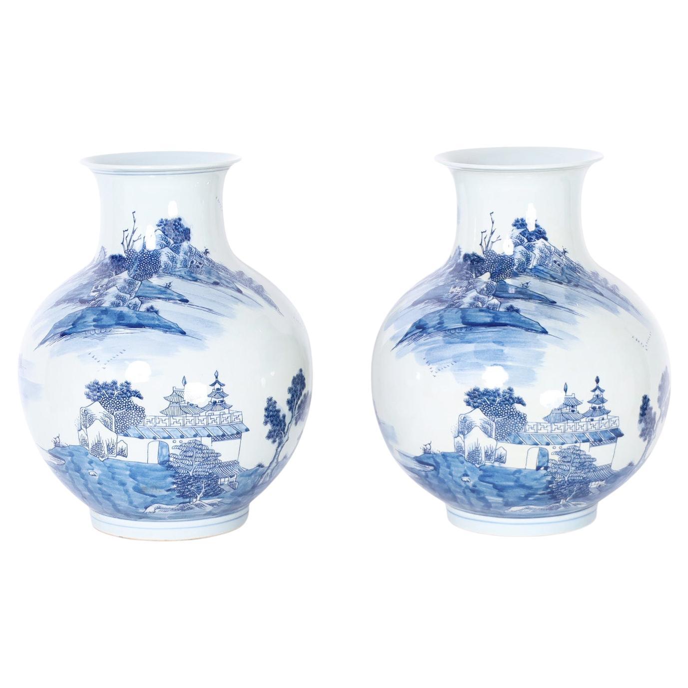 Impressive Pair of Chinese Blue and White Porcelain Palace Vases at 1stDibs
