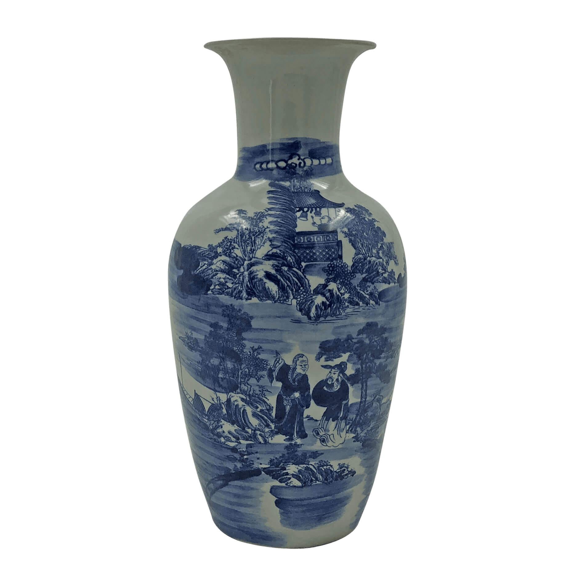 Chinese export blue and white ovoid shape flared vase, decorated with riverside scenes, a hilltop pagoda and elders talking by the water.

Dimensions: 15.75