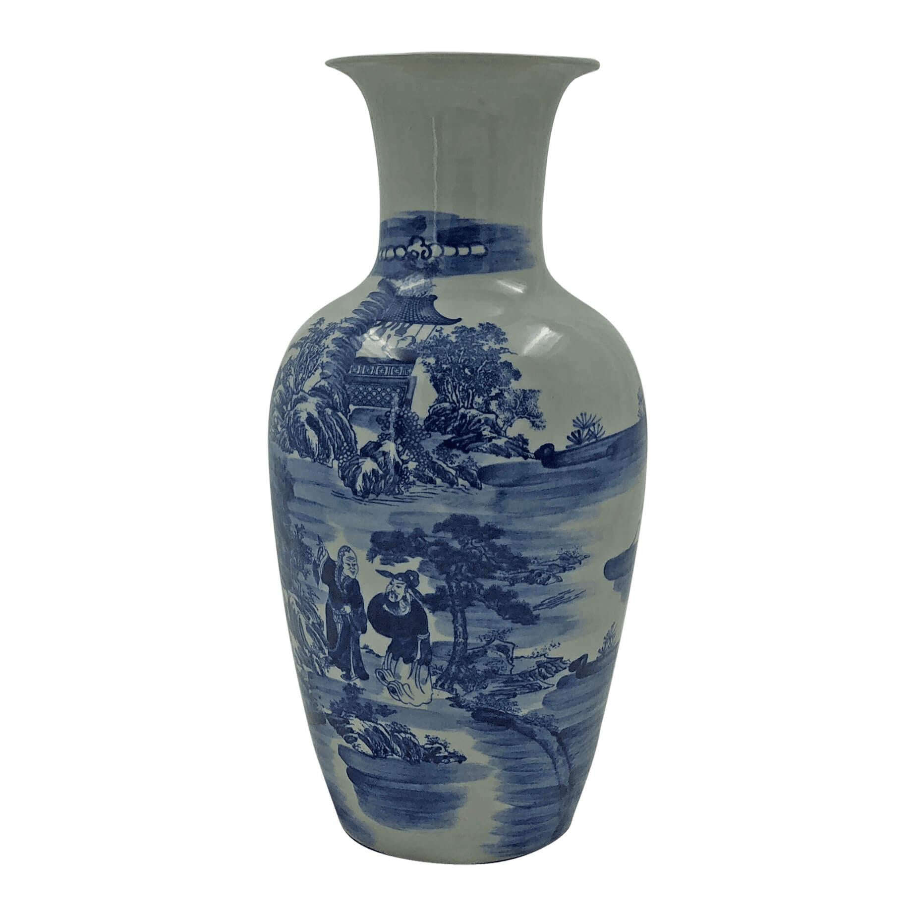 Chinese Export Pair of Chinese Blue and White River Vases