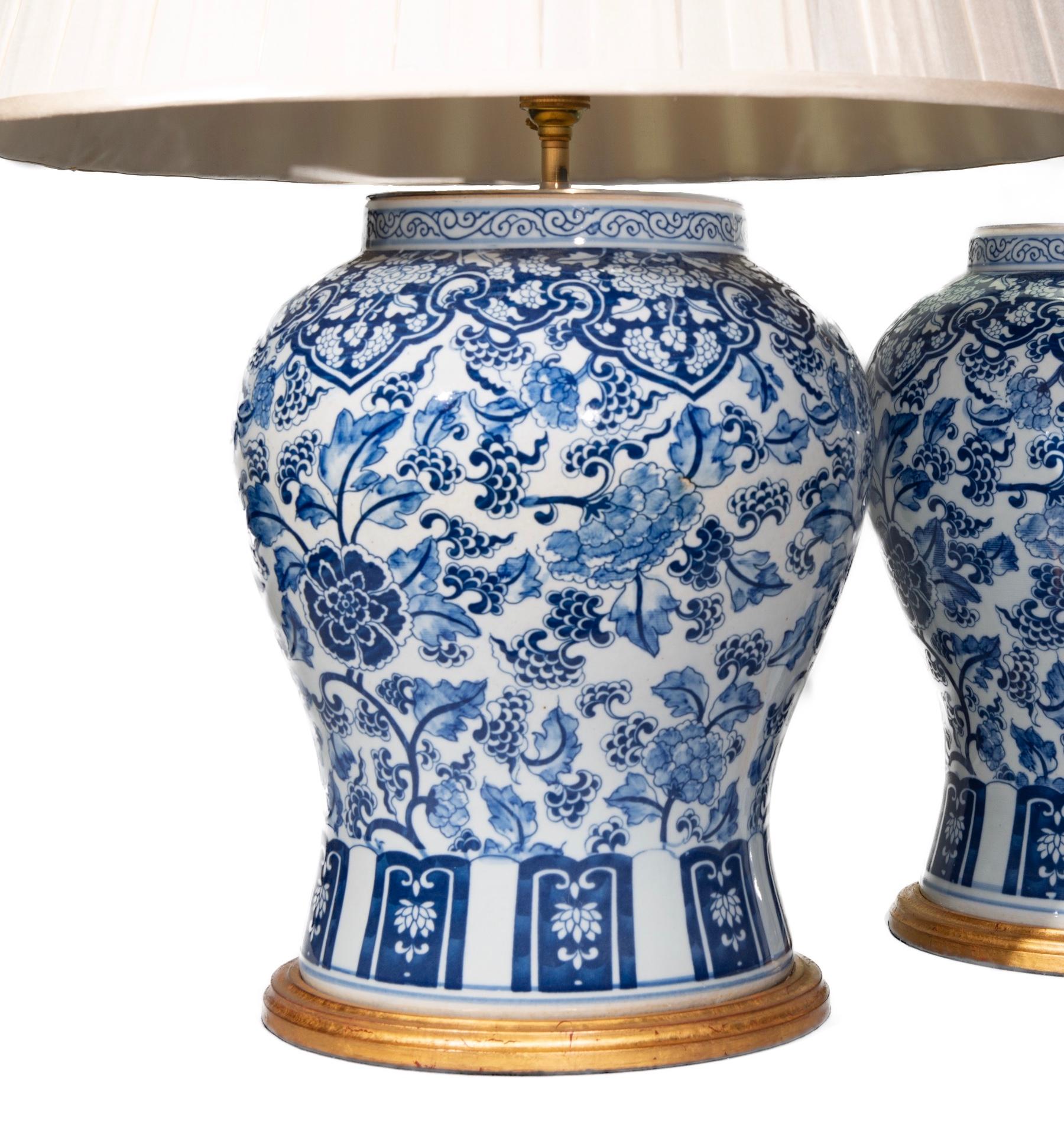 Glazed Pair of Chinese Blue and White Temple Jar Porcelain Table Lamps For Sale