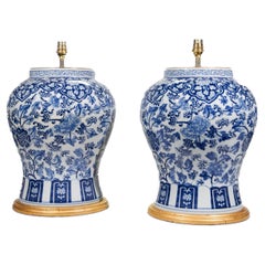 Pair of Chinese Blue and White Temple Jar Porcelain Table Lamps