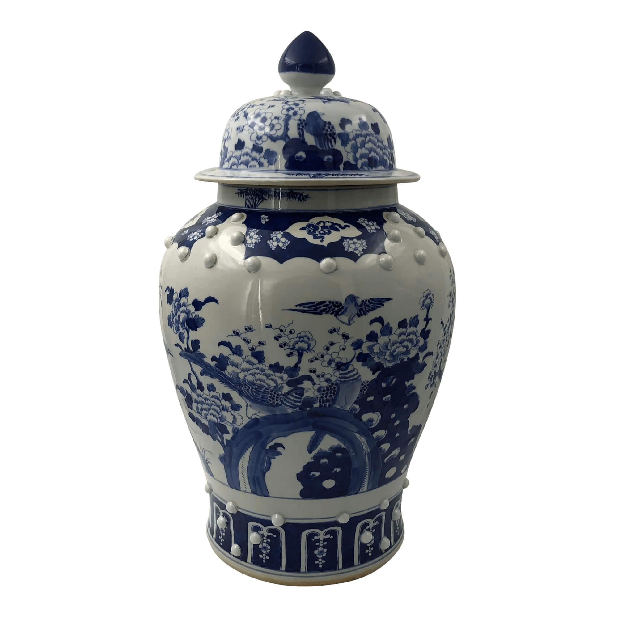 Chinese Export Pair of Chinese Blue and White Temple Jars