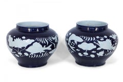 Pair of Chinese Blue and White Underwater Motif Porcelain Pots