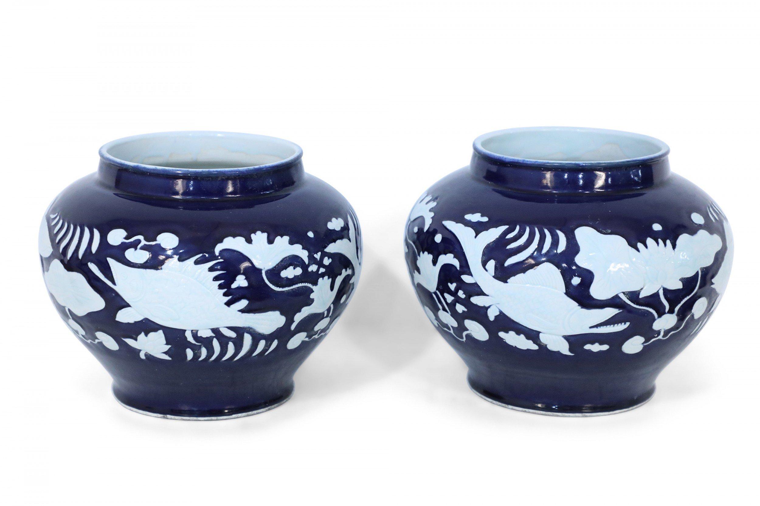 20th Century Pair of Chinese Blue and White Underwater Motif Porcelain Pots