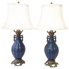Pair of Chinese Blue Bronze Lamps, Early 20th Century