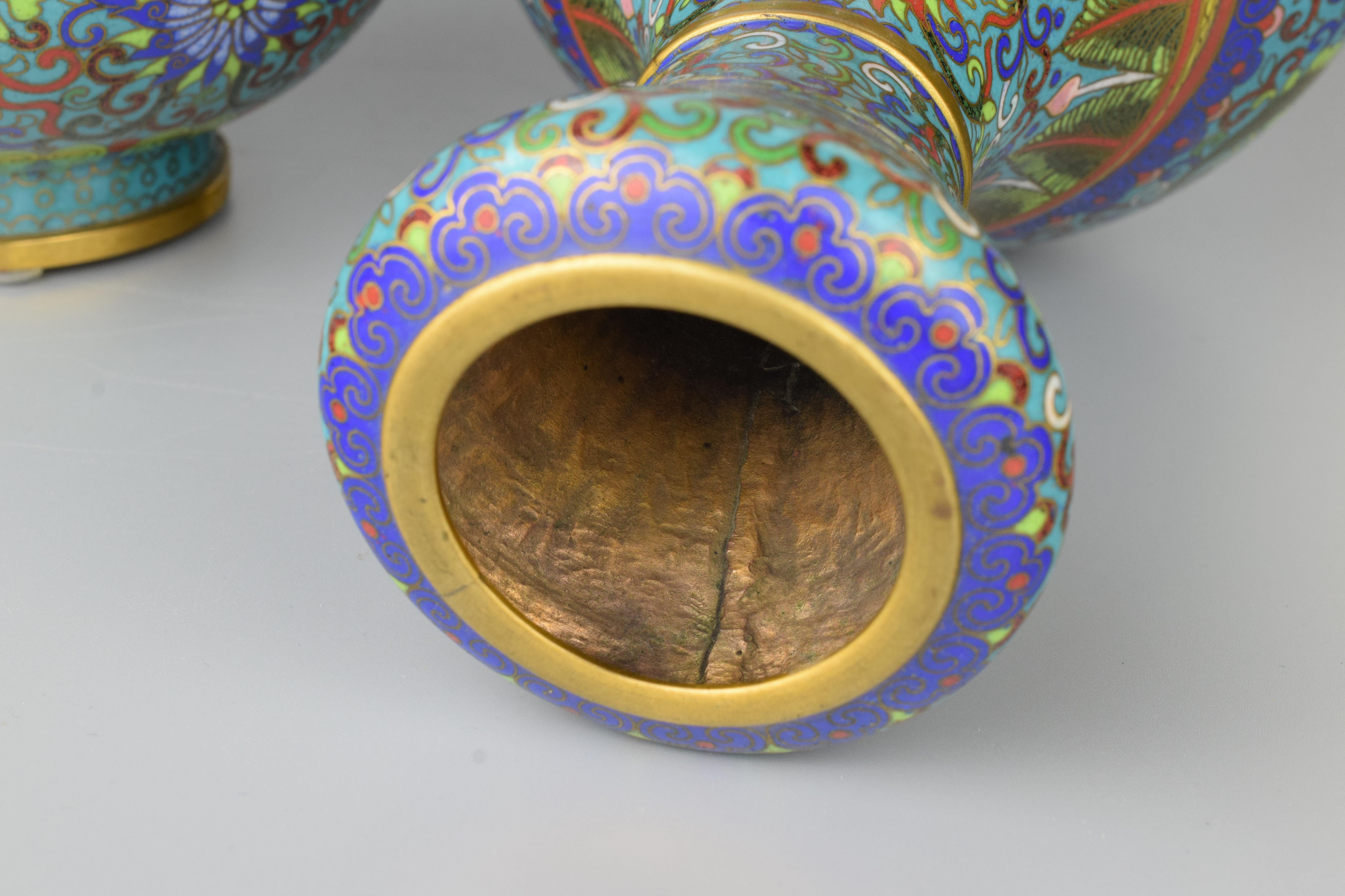 Metal Pair of Chinese Blue Cloisonné Vases, Enamelled and Gilded, Early 20th Century For Sale