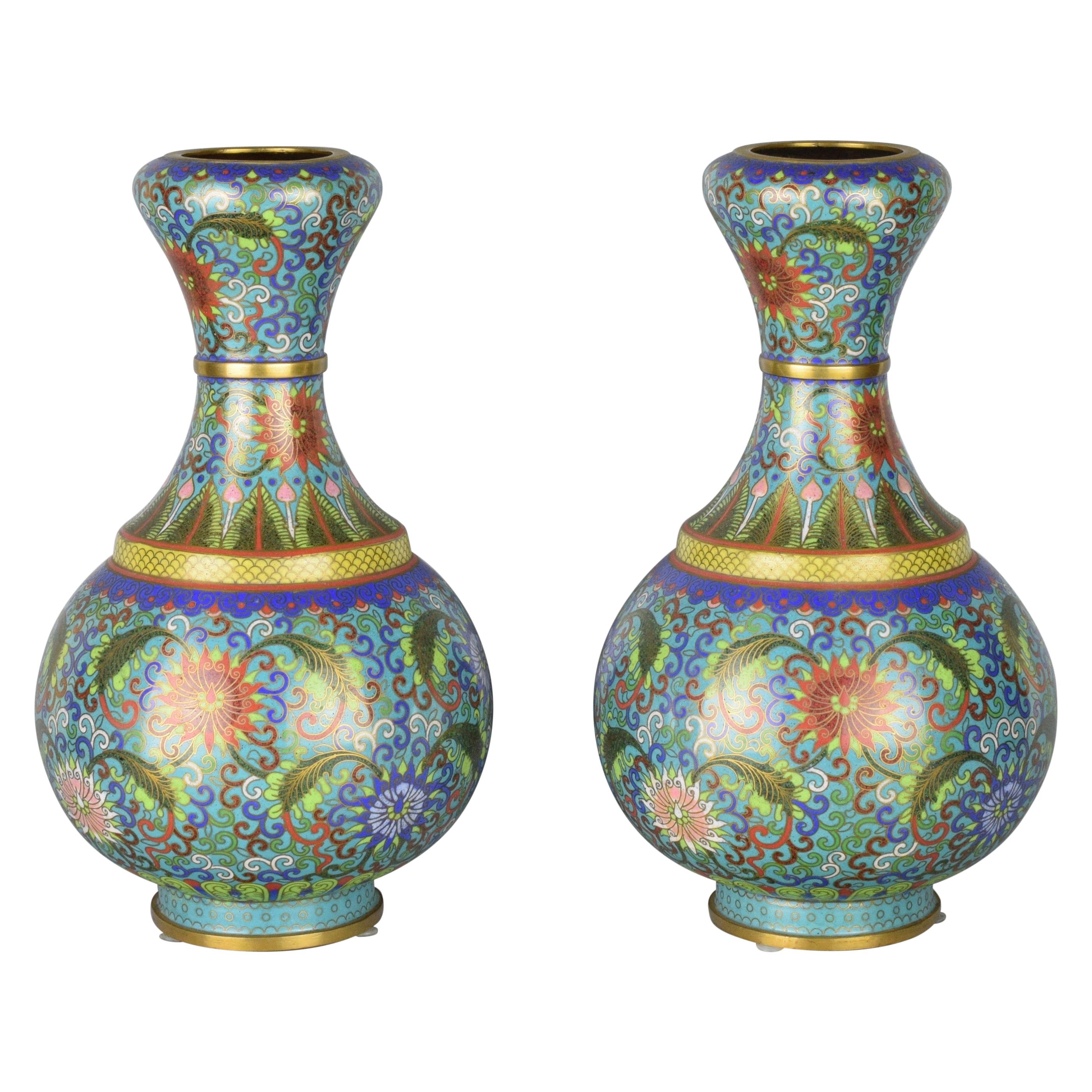 Pair of Chinese Blue Cloisonné Vases, Enamelled and Gilded, Early 20th Century For Sale