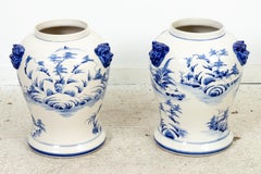 Pair of Chinese Blue Decorated Lion Temple Jars