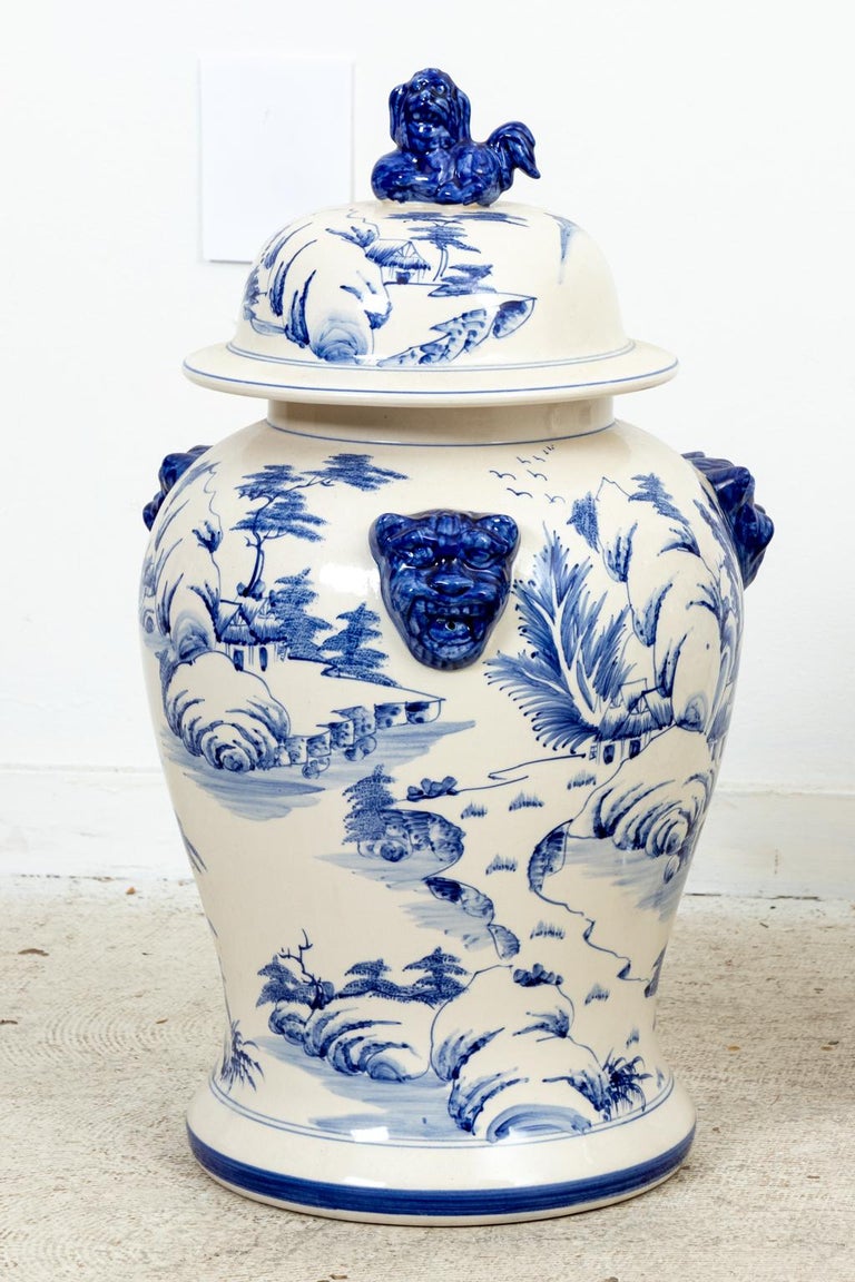 Pair of Chinese Blue Decorated Lion Temple Jars For Sale at 1stDibs