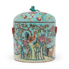 Pair of Chinese Blue Famille Rose Rooster Jars