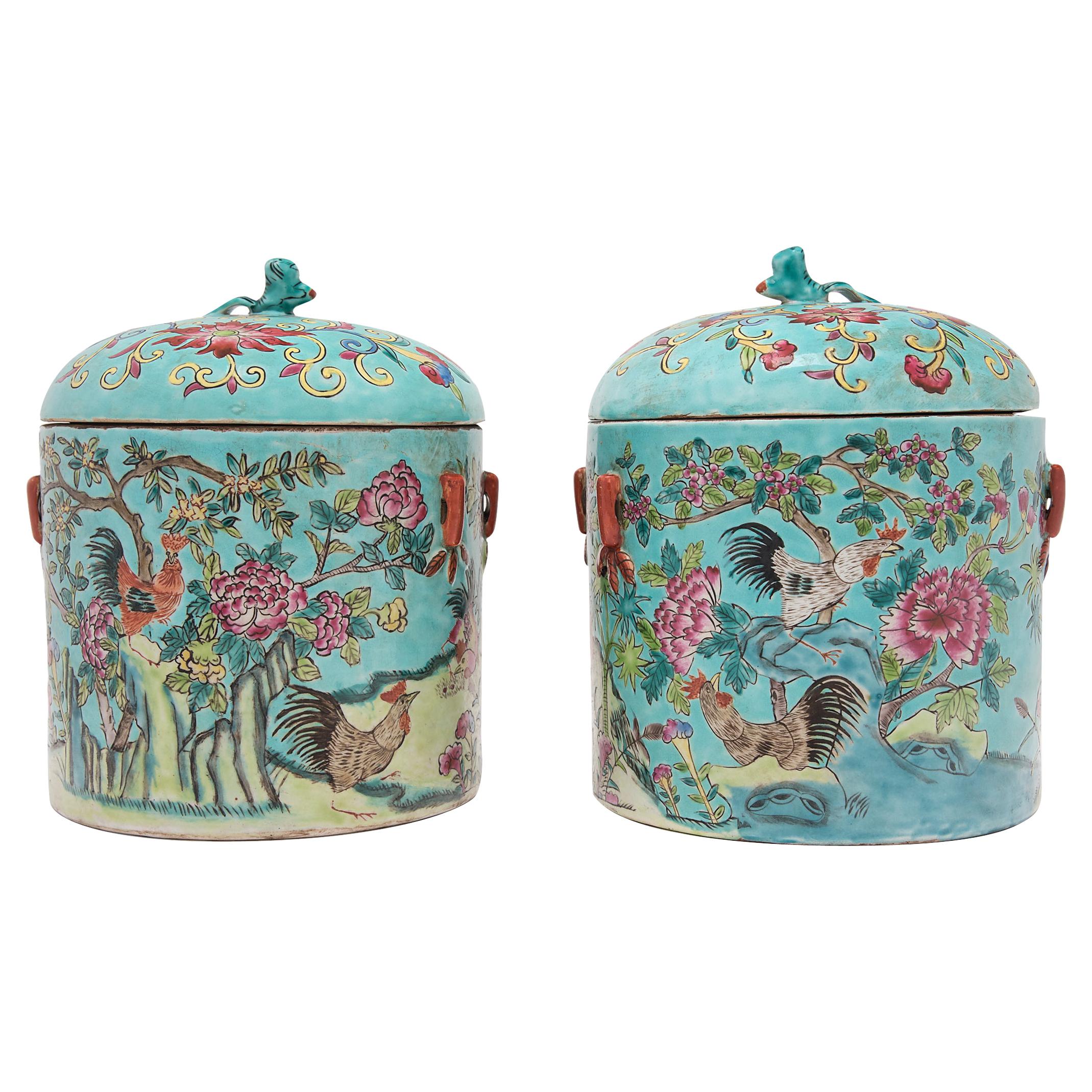 Pair of Chinese Blue Famille Rose Rooster Jars