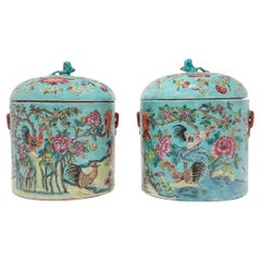 Vintage Pair of Chinese Blue Famille Rose Rooster Jars