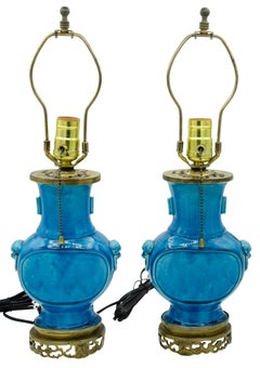 Pair of Chinese Blue Glazed Vases Mounted as Lamps