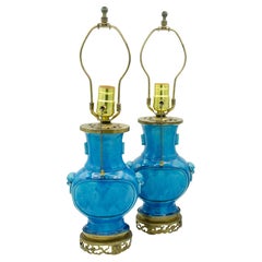 Pair of Chinese Blue Glazed Vases Mounted as Lamps