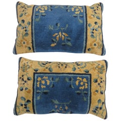 Pair of Chinese Blue and Gold Wool 20th Century Rug Pillows