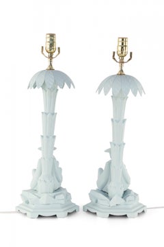 Pair of Chinese Blue Tole Palm Tree and Man Table Lamps
