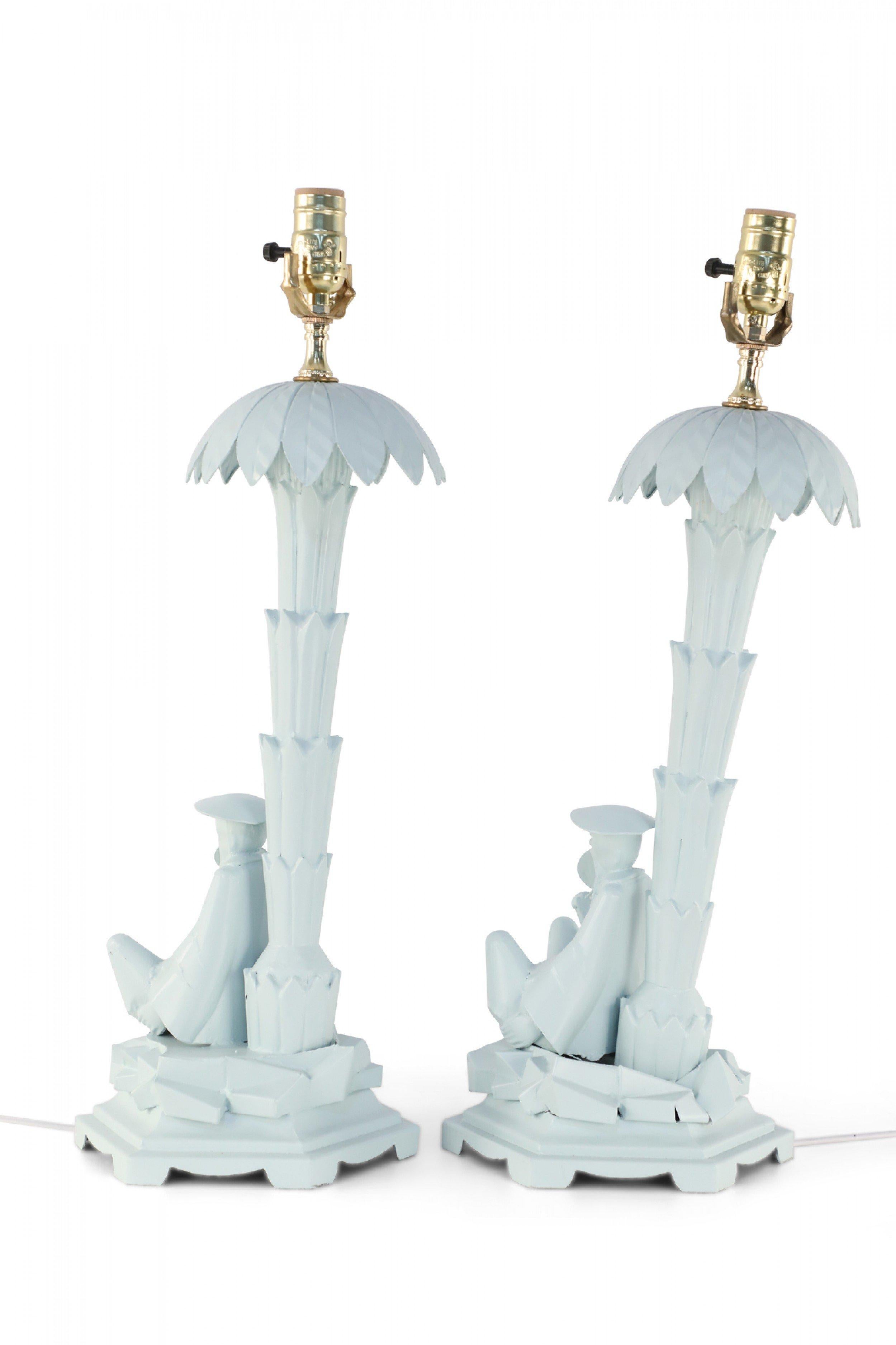 Pair of Chinese Blue Tole Palm Tree and Man Table Lamps In Good Condition For Sale In New York, NY