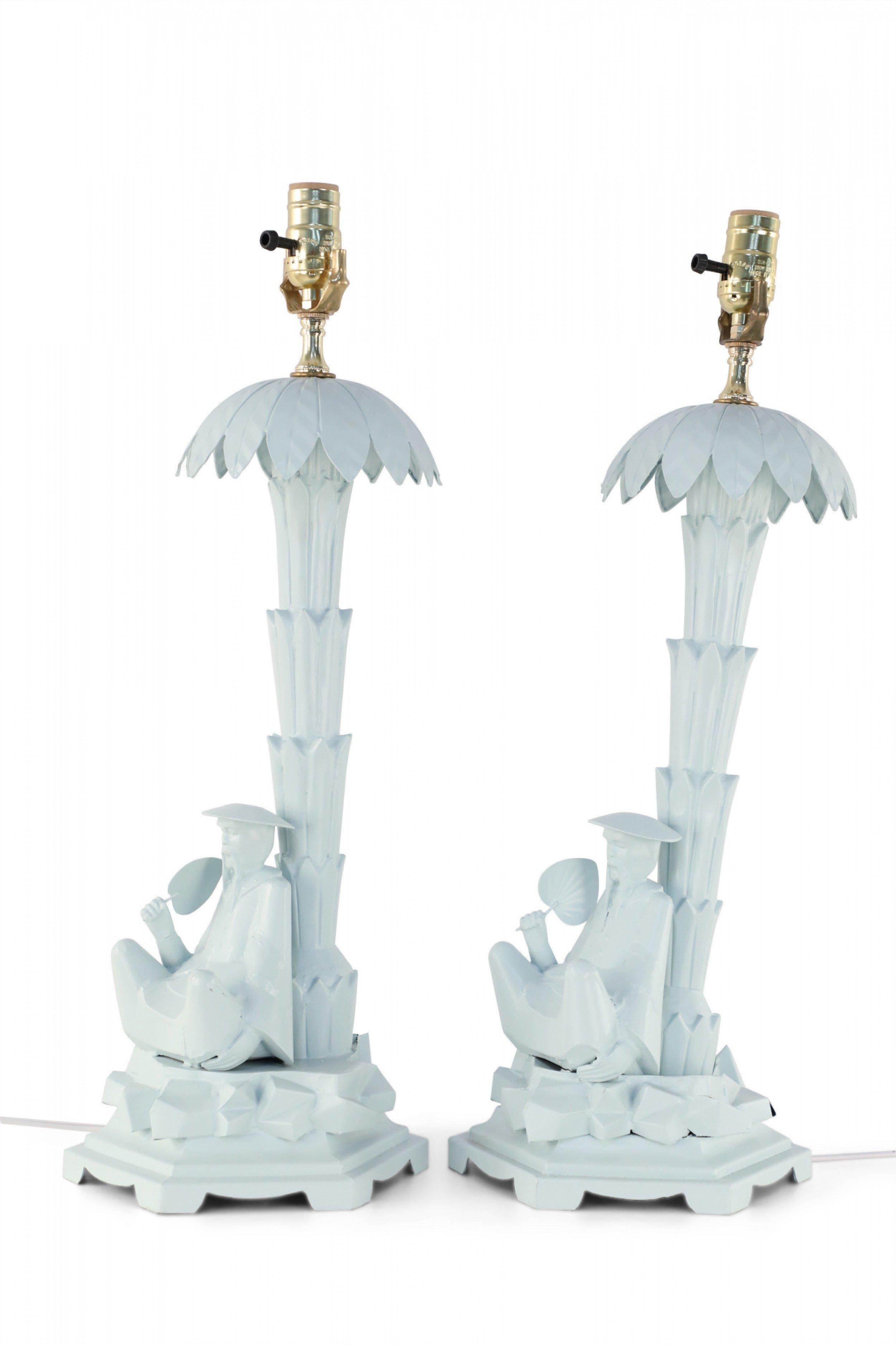 Metal Pair of Chinese Blue Tole Palm Tree and Man Table Lamps For Sale