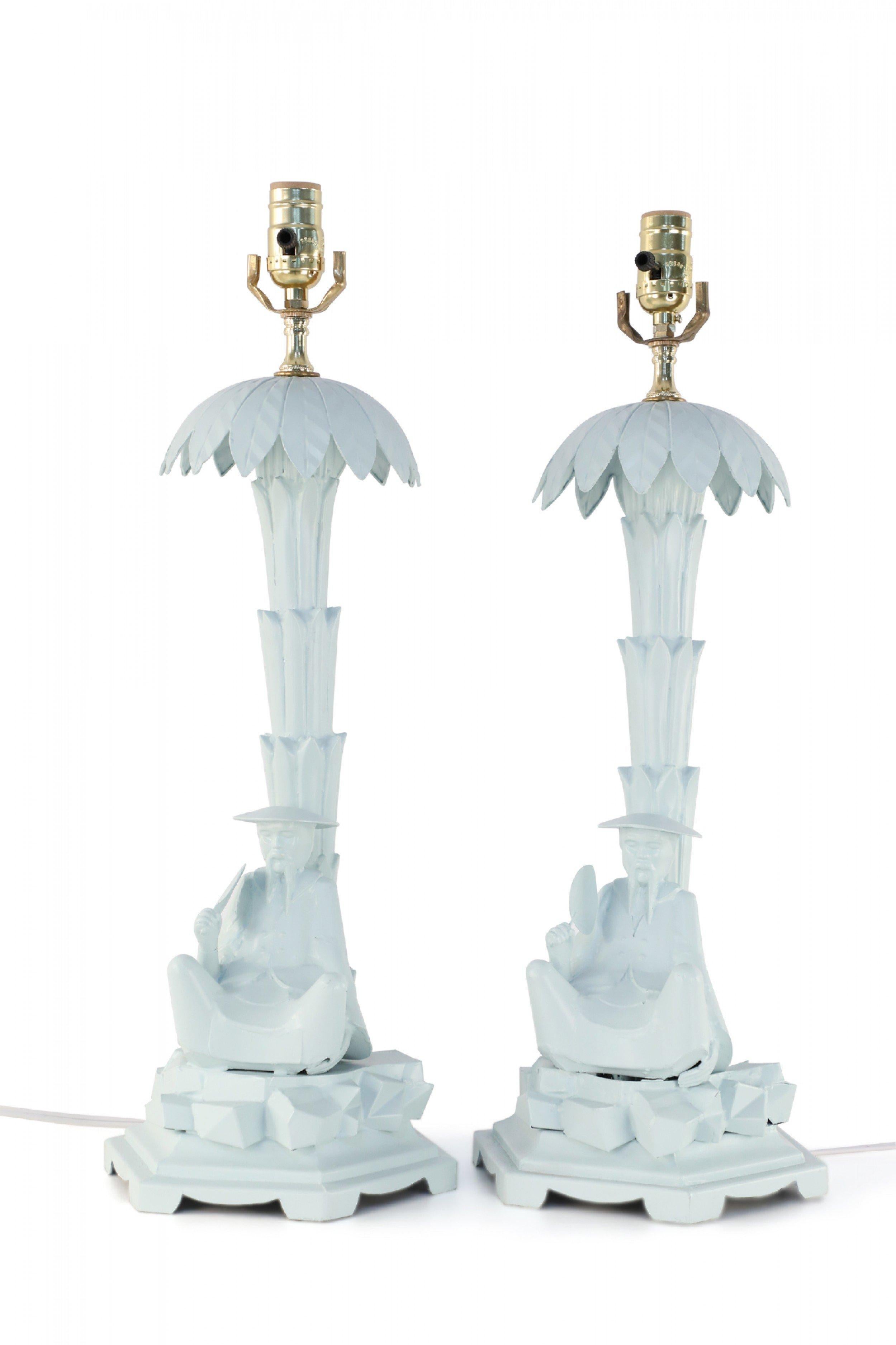 Pair of Chinese Blue Tole Palm Tree and Man Table Lamps For Sale 1