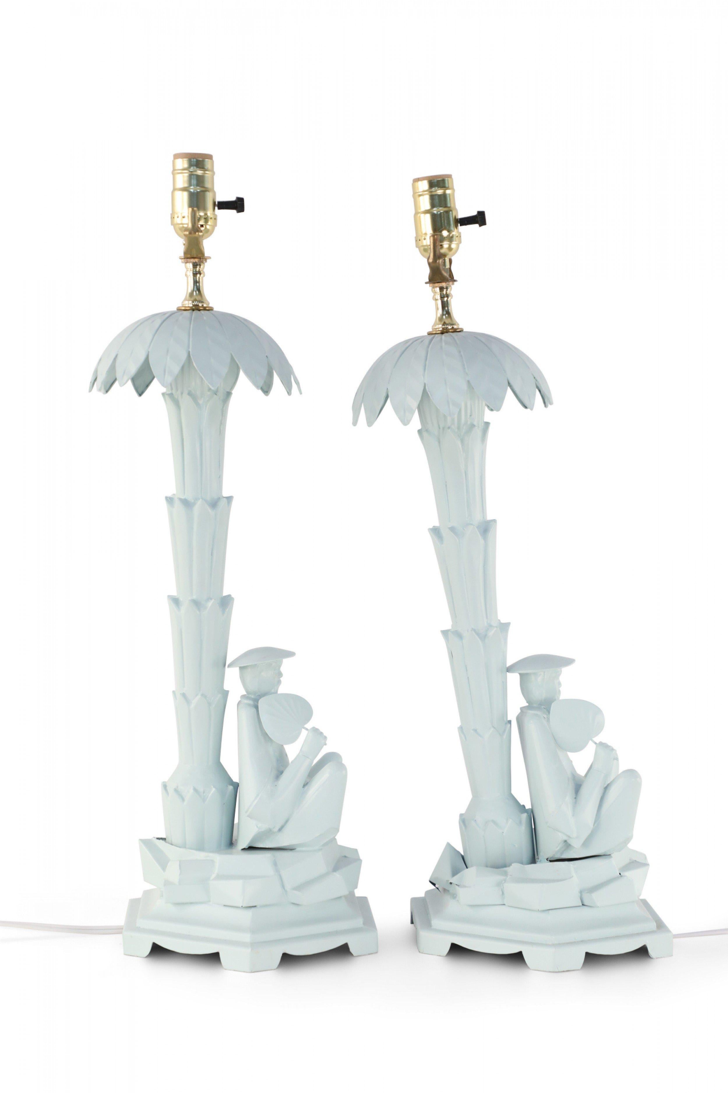 Pair of Chinese Blue Tole Palm Tree and Man Table Lamps For Sale 2