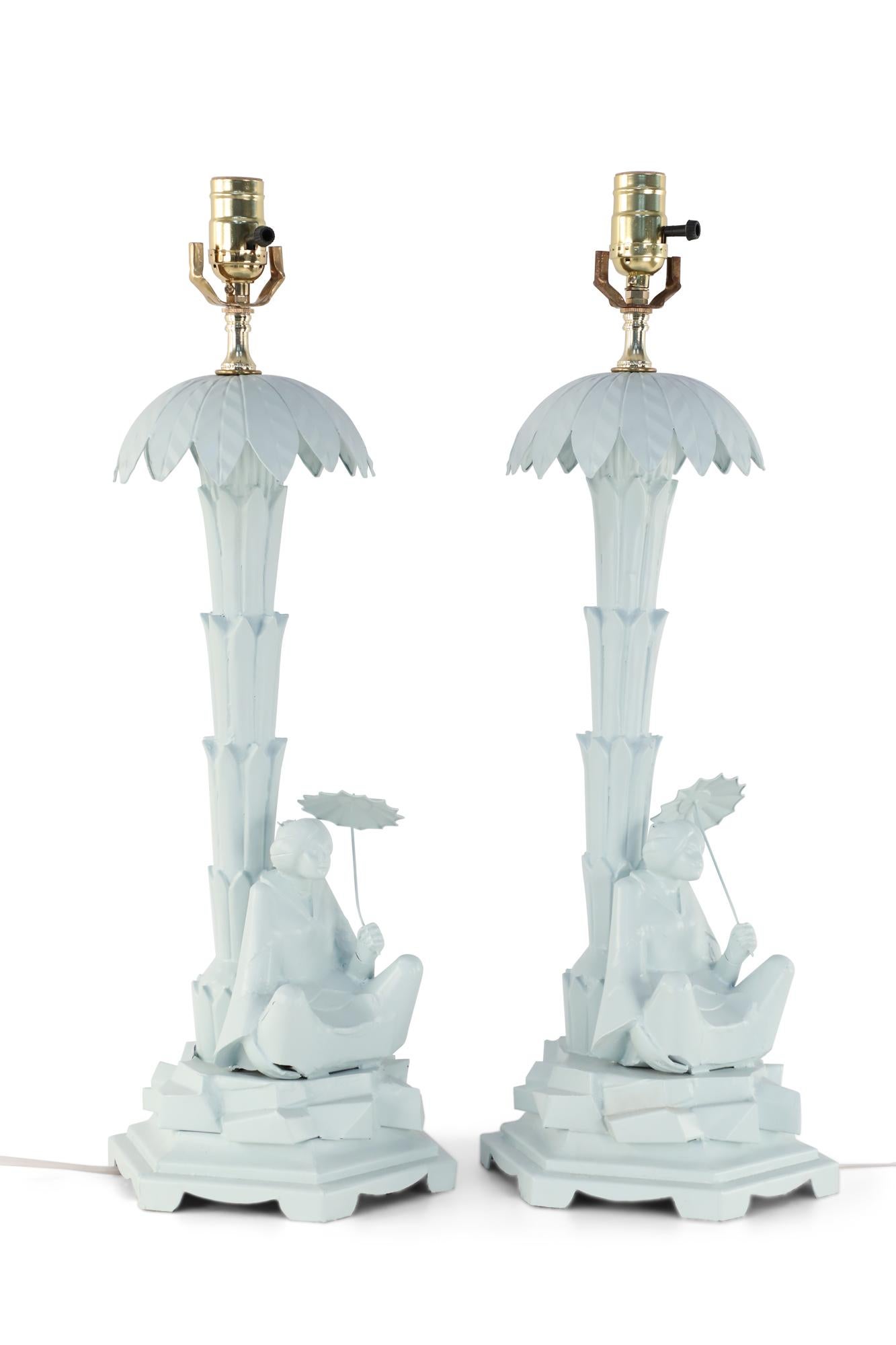 Pair of Chinese Blue Tole Palm Tree Table Lamps For Sale 4