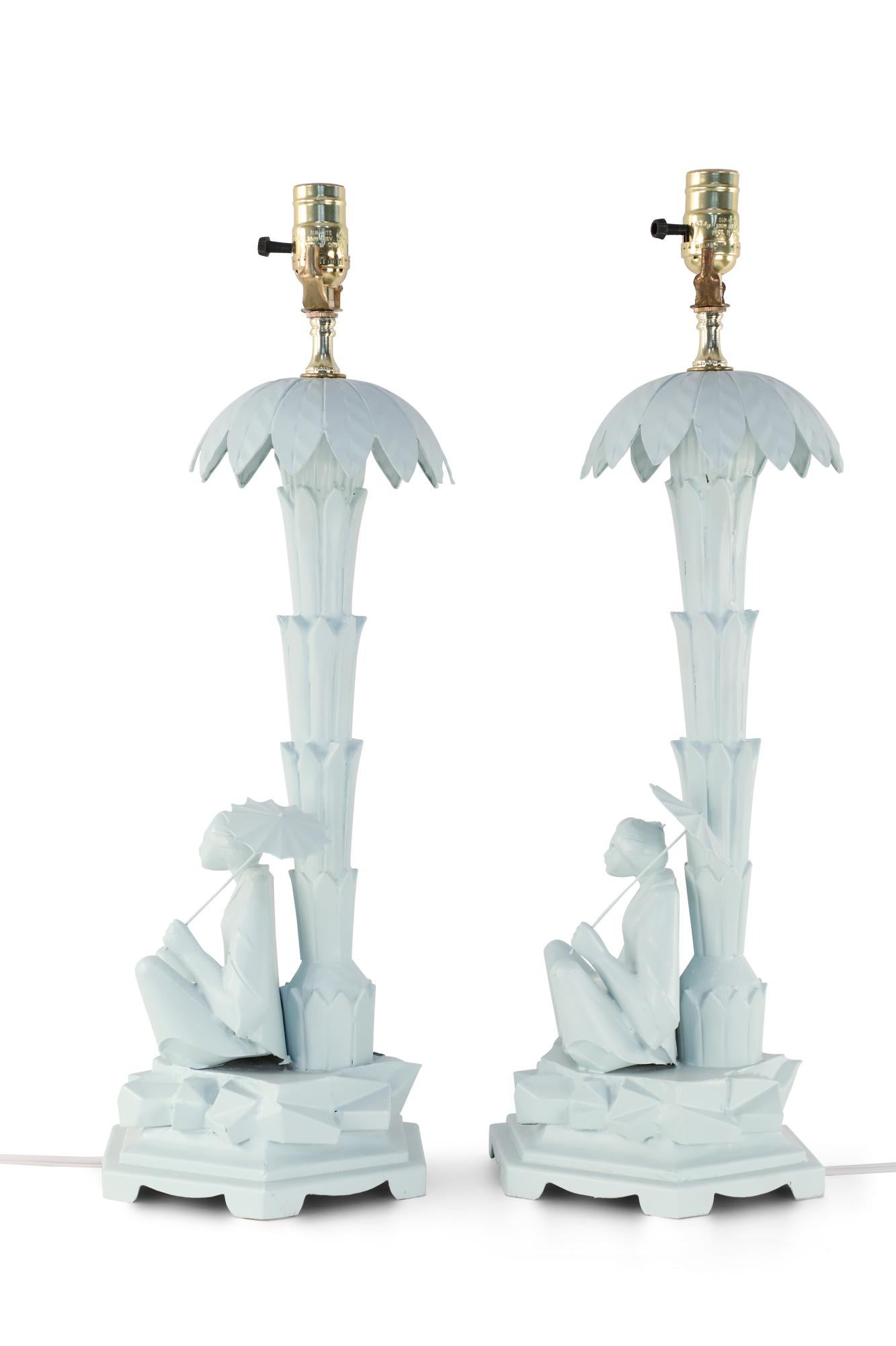 Chinoiserie Pair of Chinese Blue Tole Palm Tree Table Lamps For Sale