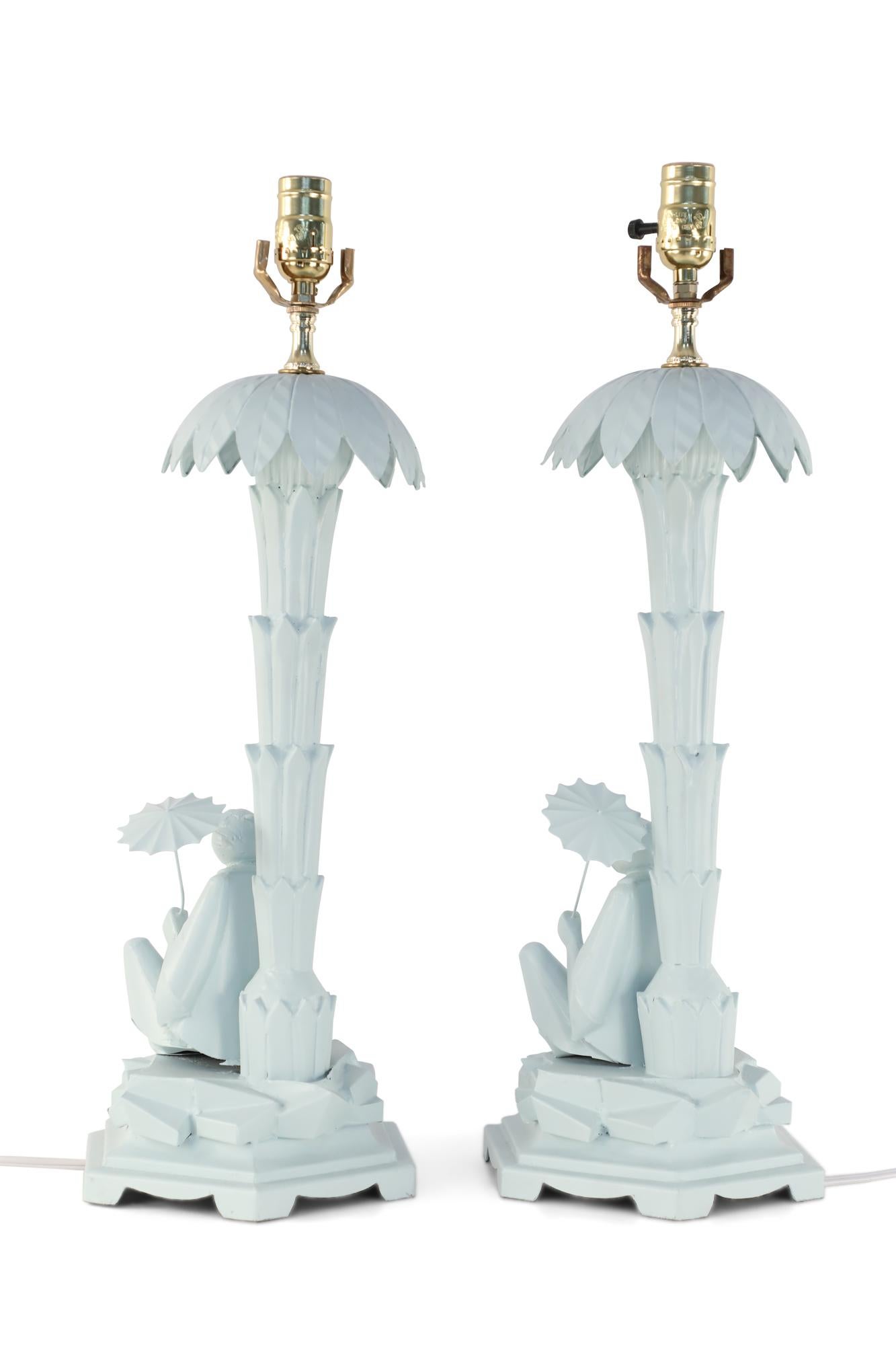 Pair of Chinese Blue Tole Palm Tree Table Lamps In Good Condition For Sale In New York, NY
