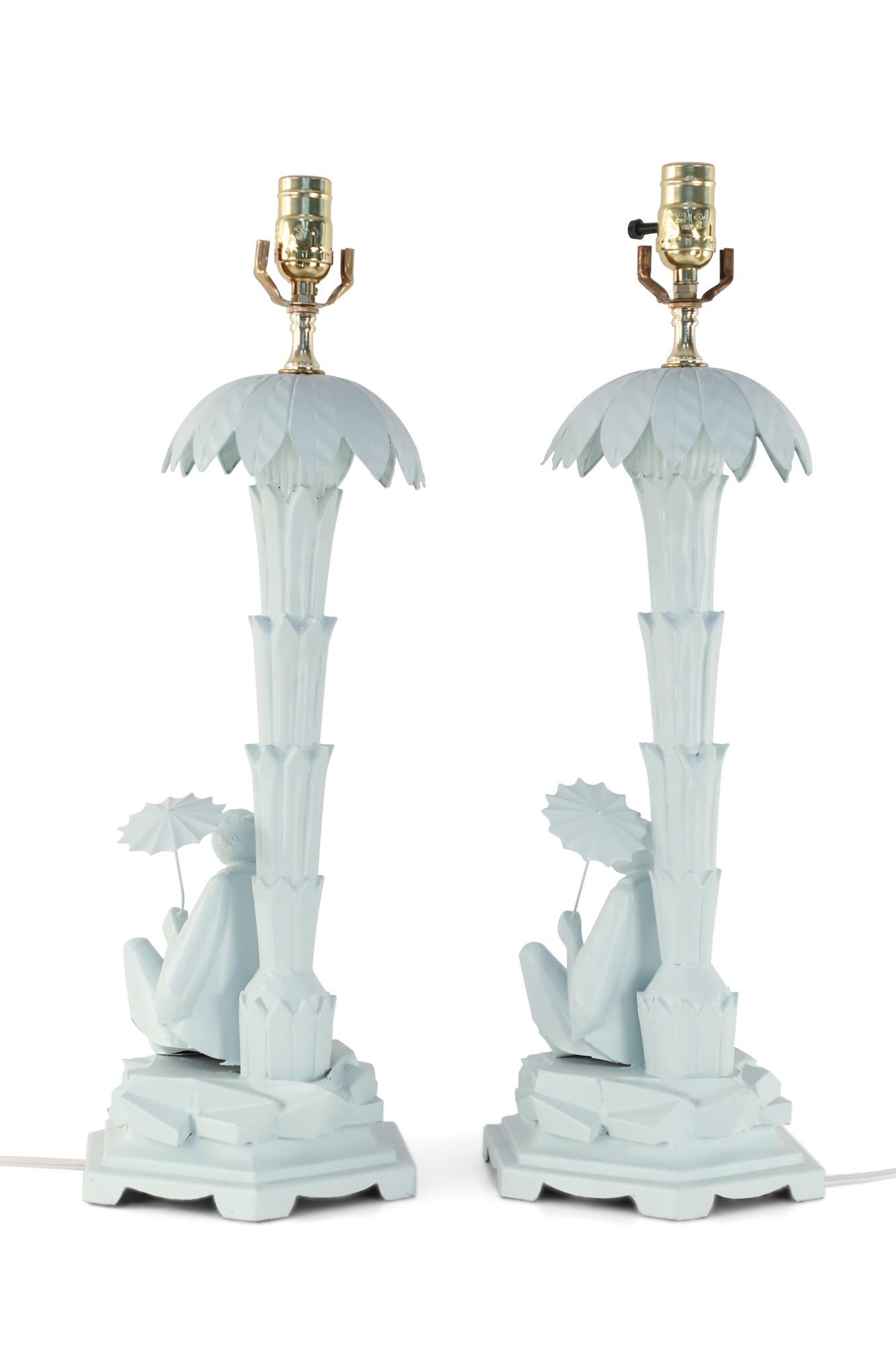 Pair of Chinese Blue Tole Palm Tree Table Lamps In Good Condition For Sale In Queens, NY