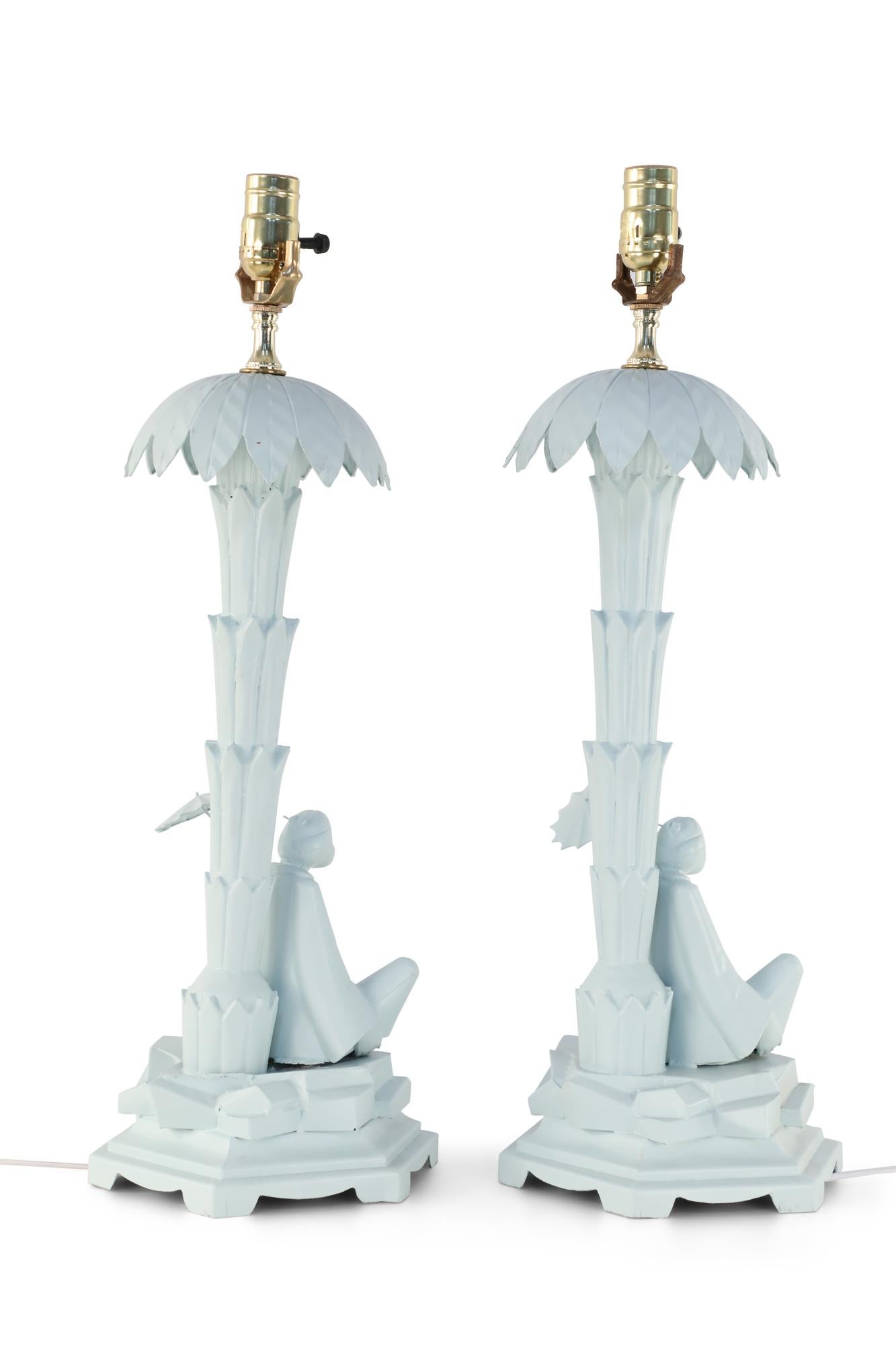 Pair of Chinese Blue Tole Palm Tree Table Lamps For Sale 3