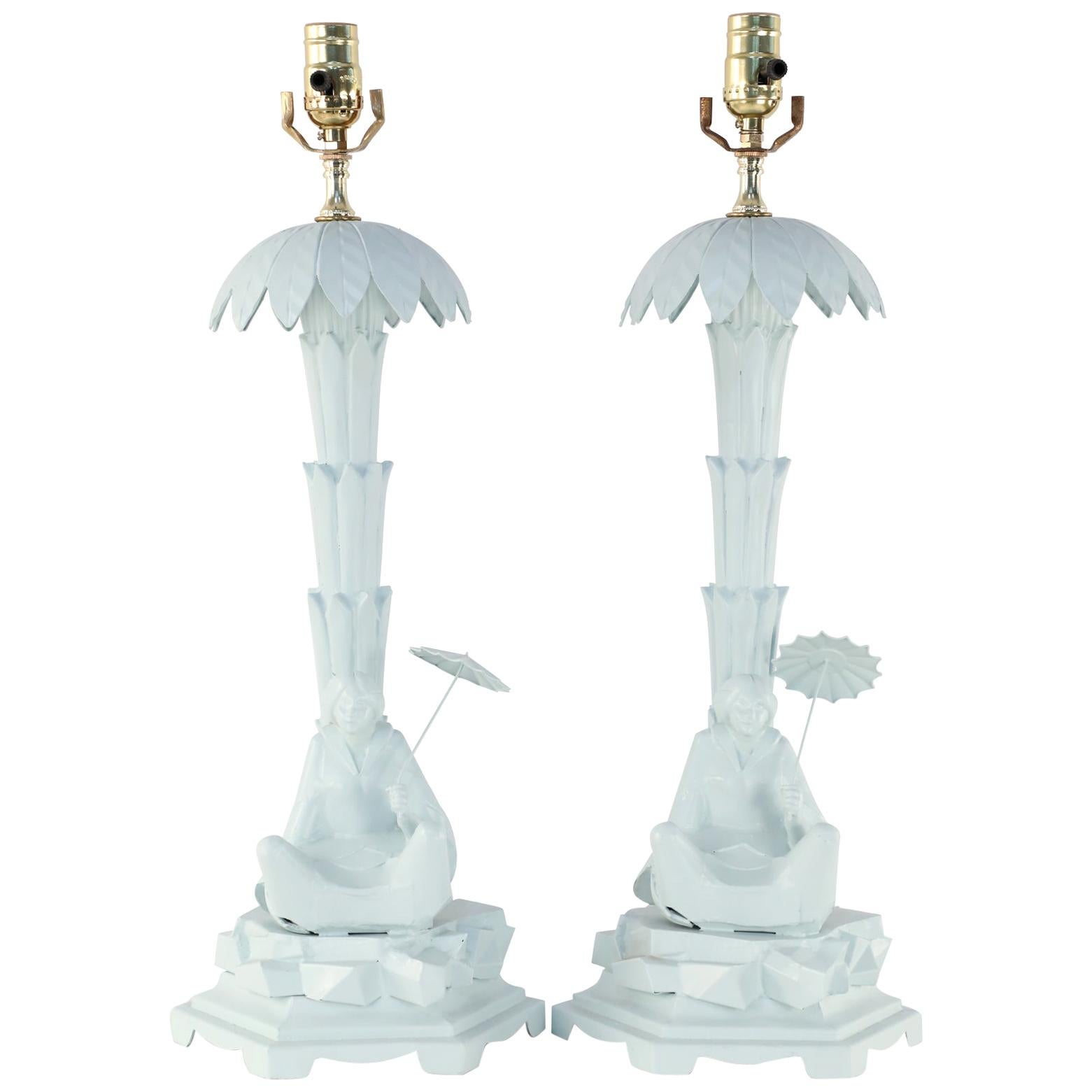 Pair of Chinese Blue Tole Palm Tree Table Lamps For Sale