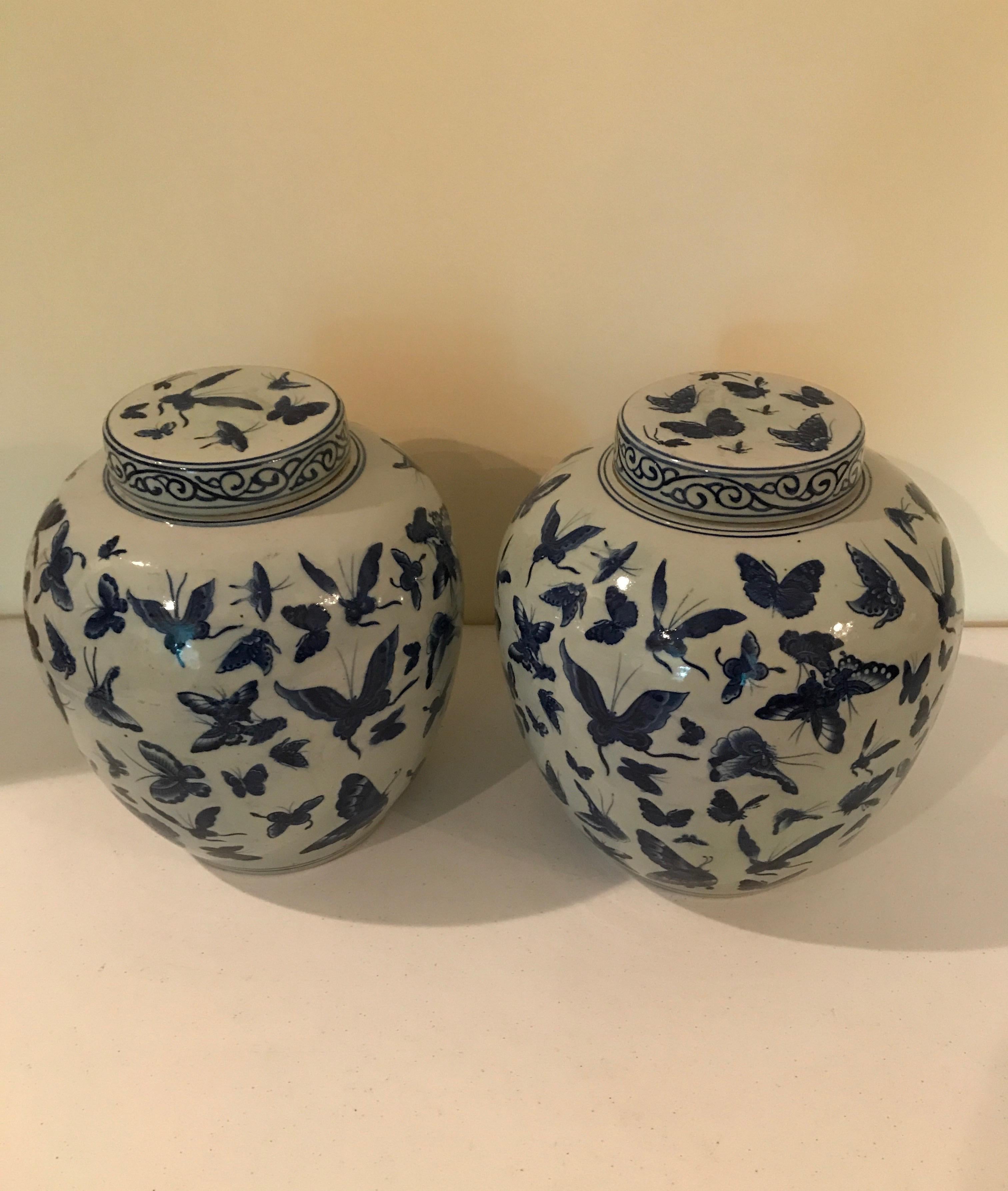 Pair of Chinese Blue and White Butterfly Ginger Jars 2