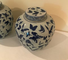 Pair of Chinese Blue and White Butterfly Ginger Jars