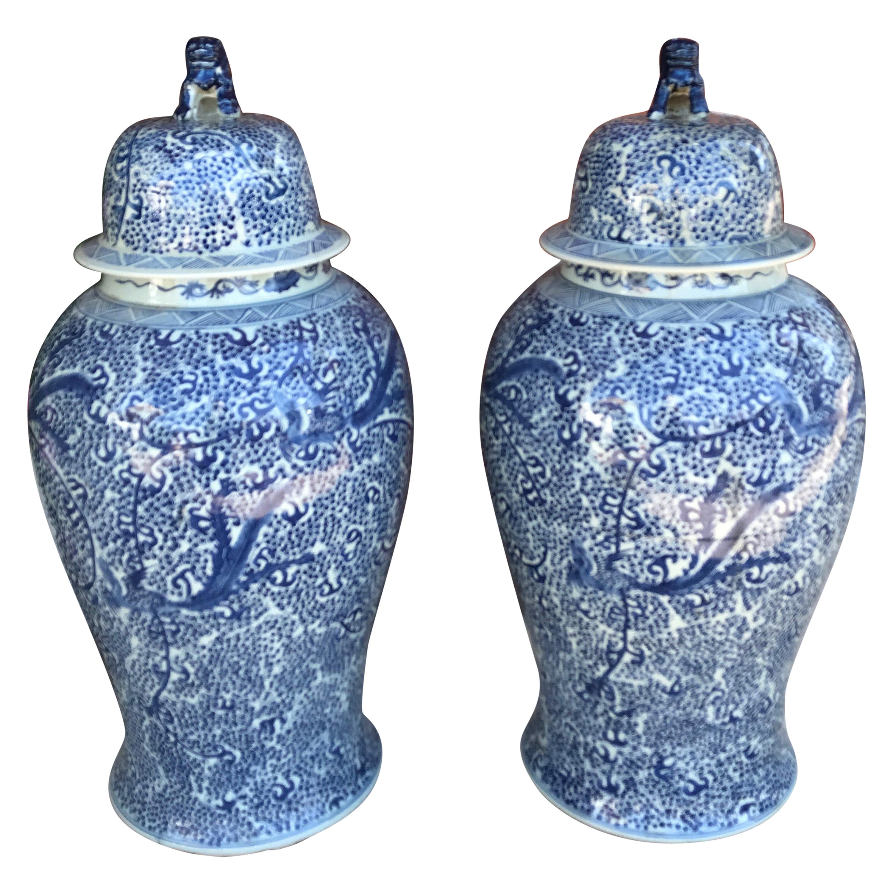 Pair of Chinese Blue and White Foo Dog topped Ginger Jars
