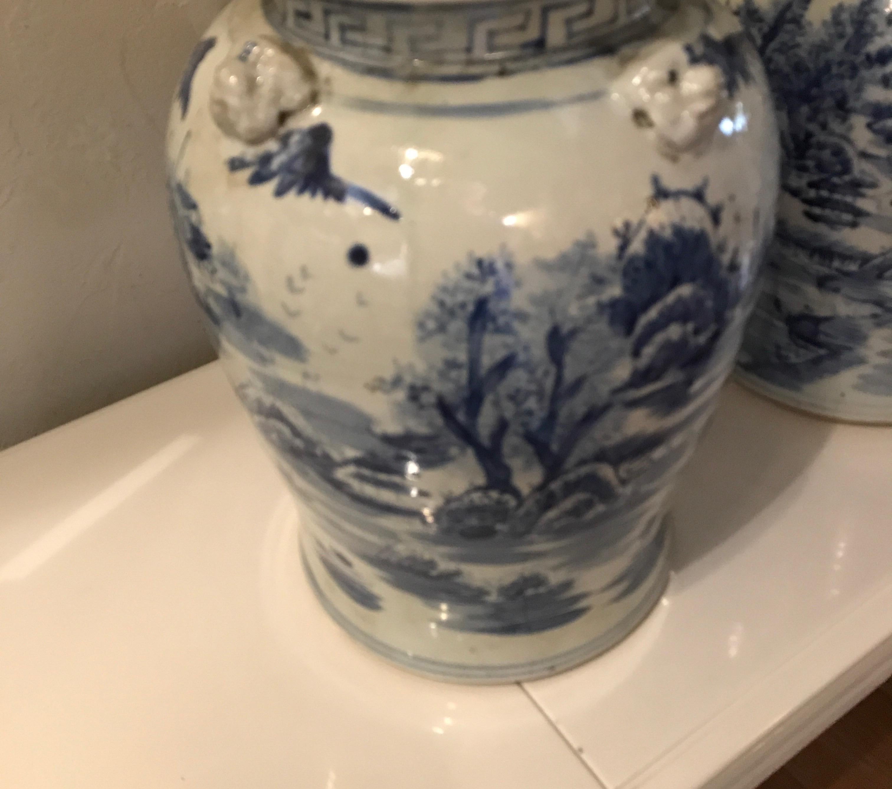 Pair of blue and white Chinese ginger jars with foo dog topped lids.