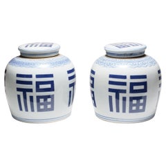 Pair of Chinese Blue & White Good Fortune Jars
